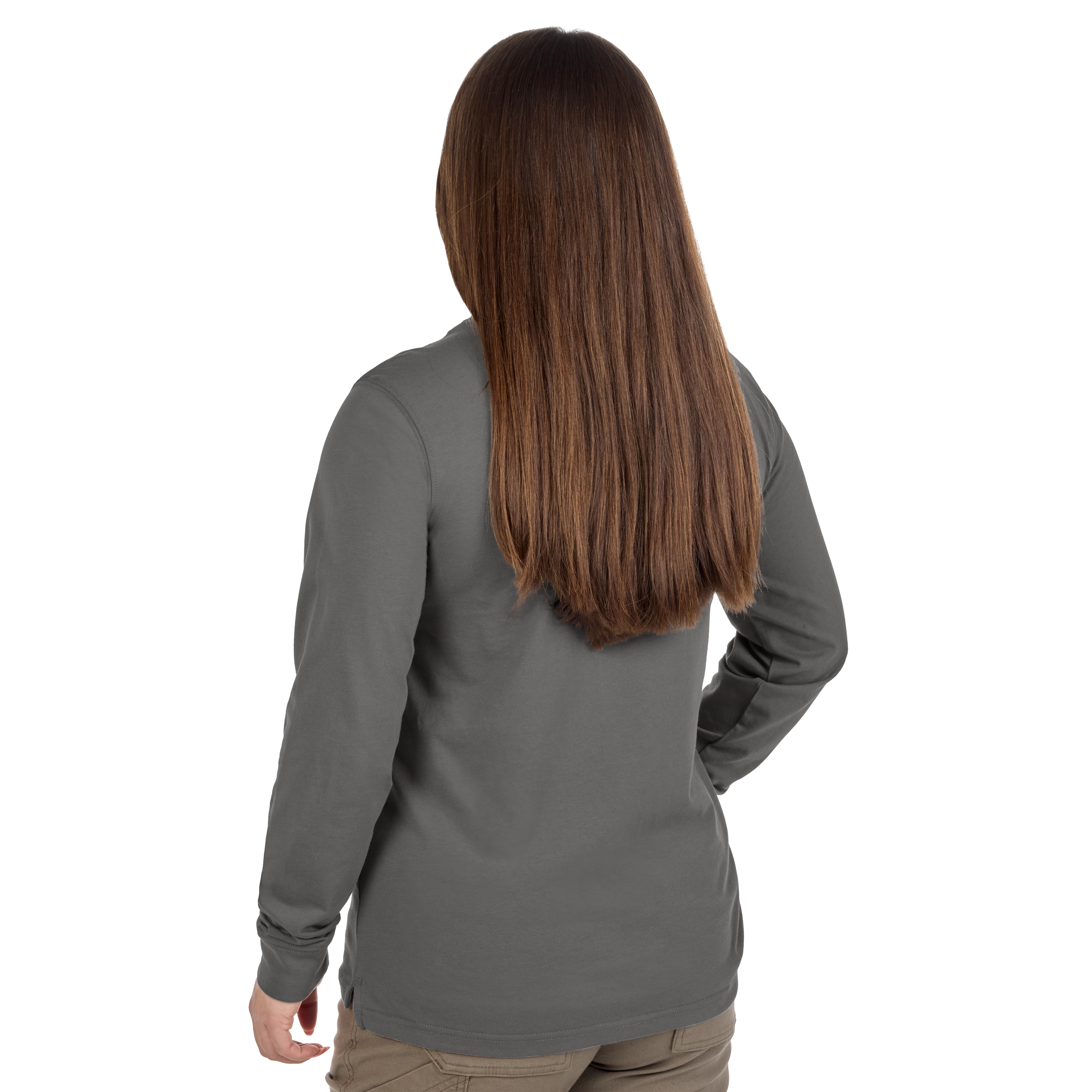 A person with long, straight brown hair wearing a long-sleeved, gray shirt and beige pants is shown from the back. They have one hand on their hip and are posed against a white background.