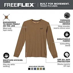 Brown FREEFLEX Hybrid Work Tee - Long Sleeve with moisture-wicking fabric, forward shoulder design, UPF 50+ sun protection, and breathable cotton/poly blend.