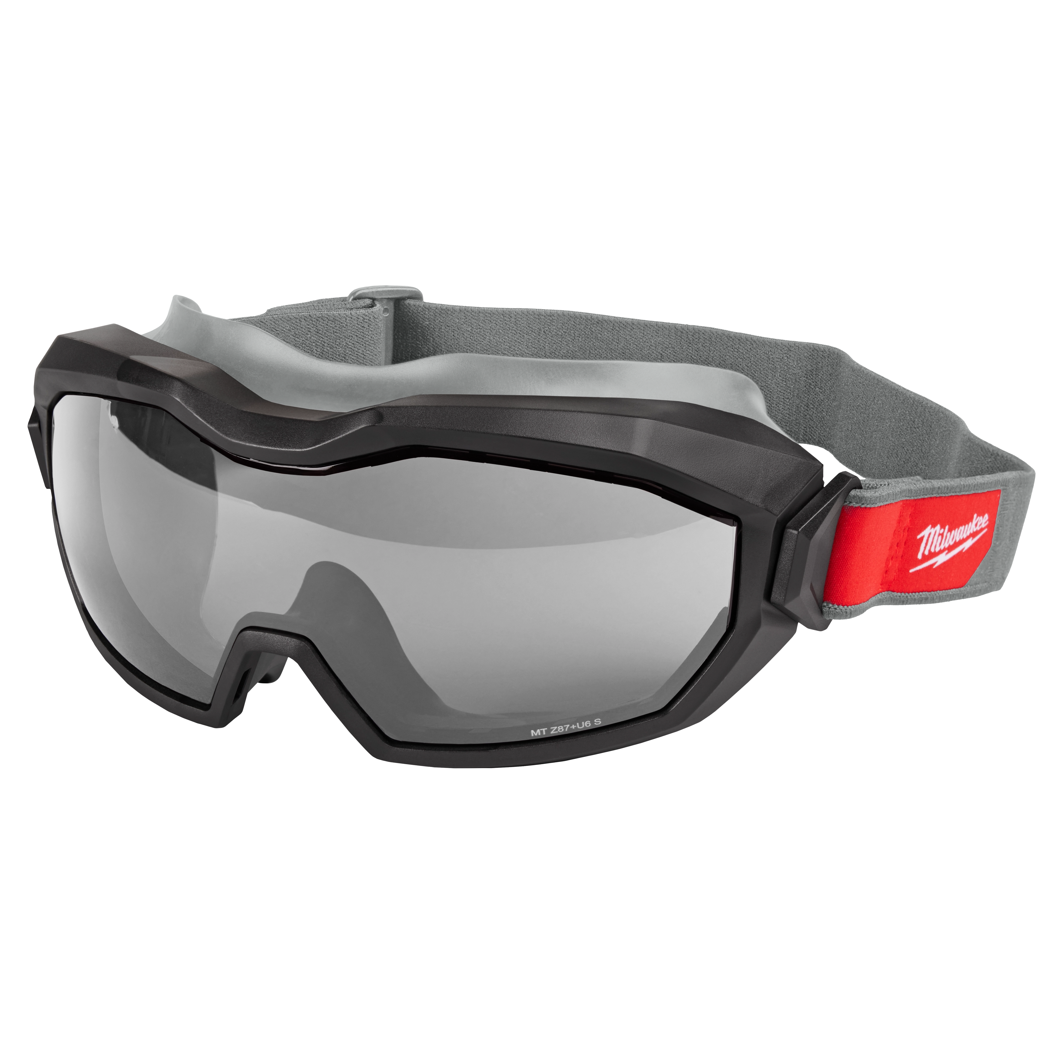 Non-Vented Goggles - Gray Dual Coat Lens with black frame and gray adjustable strap featuring a red logo patch.