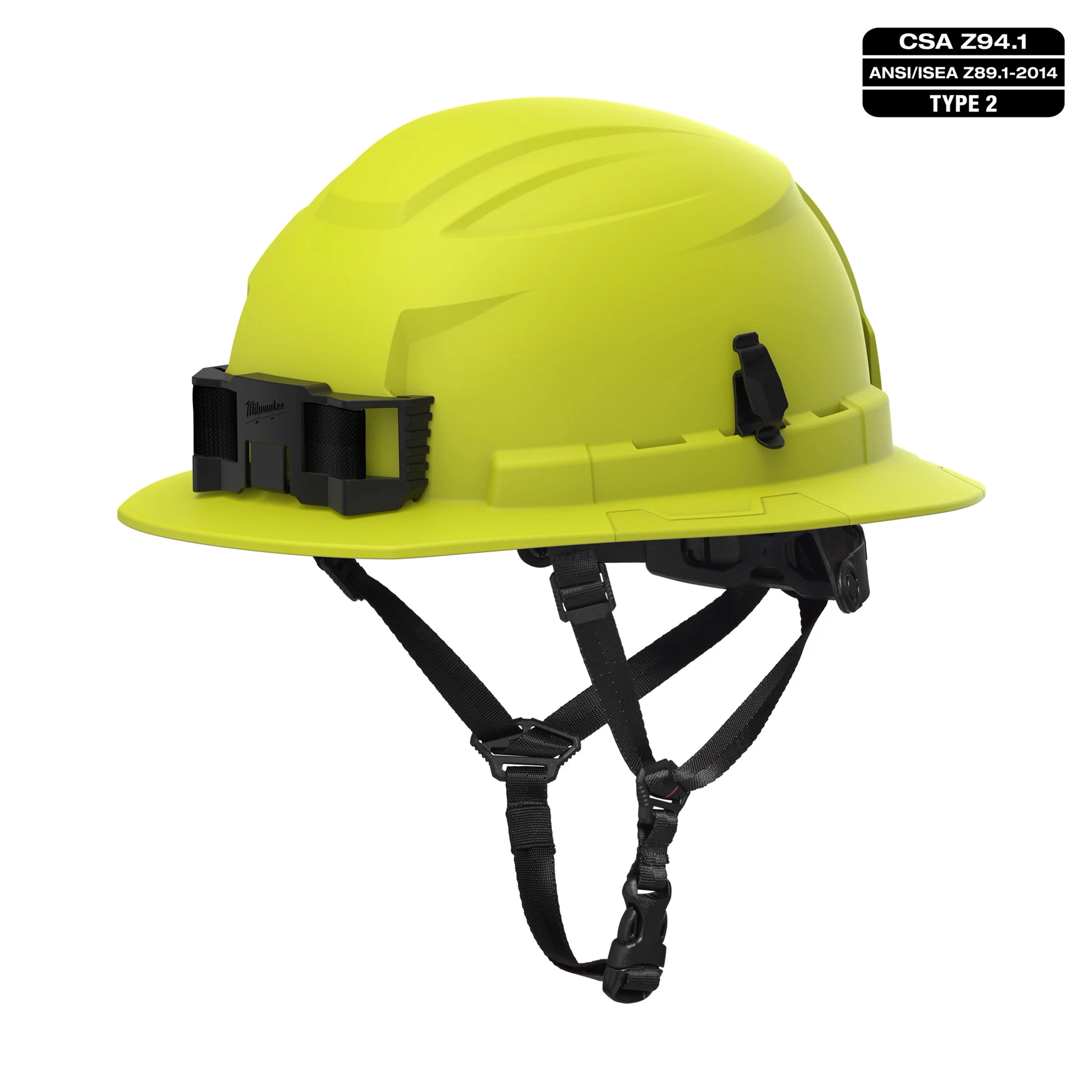 BOLT Hi-Viz Green Full Brim Safety Helmet with 4-point Ratcheting Suspension, Type 2, Class E, CSA Z94.1, ANSI/ISEA Z89.1-2014 compliance.