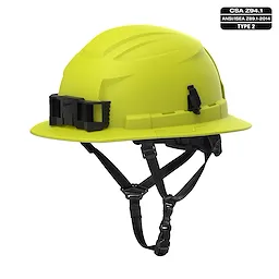 BOLT Hi-Viz Green Full Brim Safety Helmet with 4-point Ratcheting Suspension, Type 2, Class E, CSA Z94.1, ANSI/ISEA Z89.1-2014 compliance.