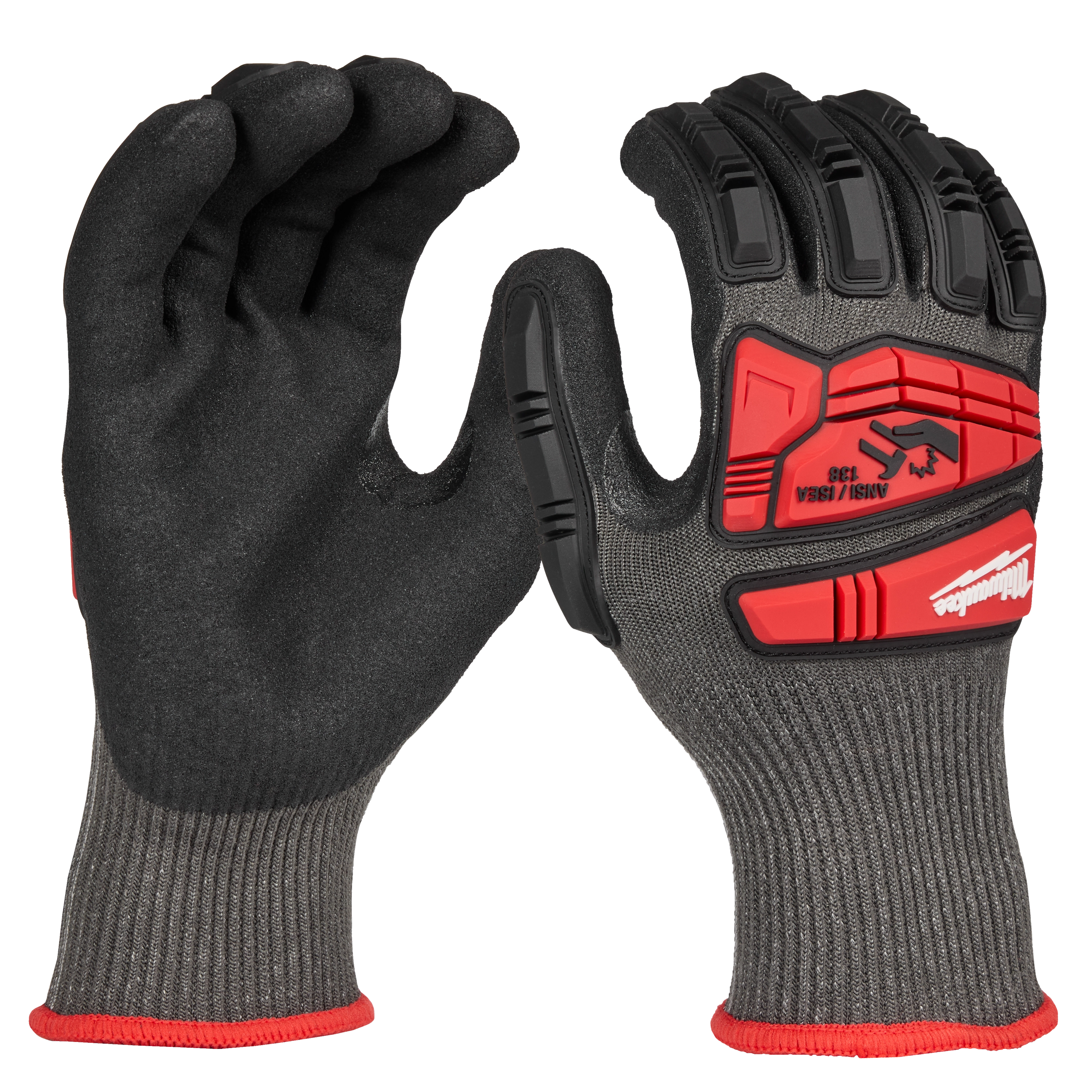 IMPACT CUT 5 NITRILE DIP GLOVE - M in black and gray with red protective padding and ribbed cuffs for enhanced durability.