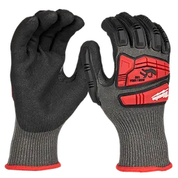 IMPACT CUT 5 NITRILE DIP GLOVE - M in black and gray with red protective padding and ribbed cuffs for enhanced durability.