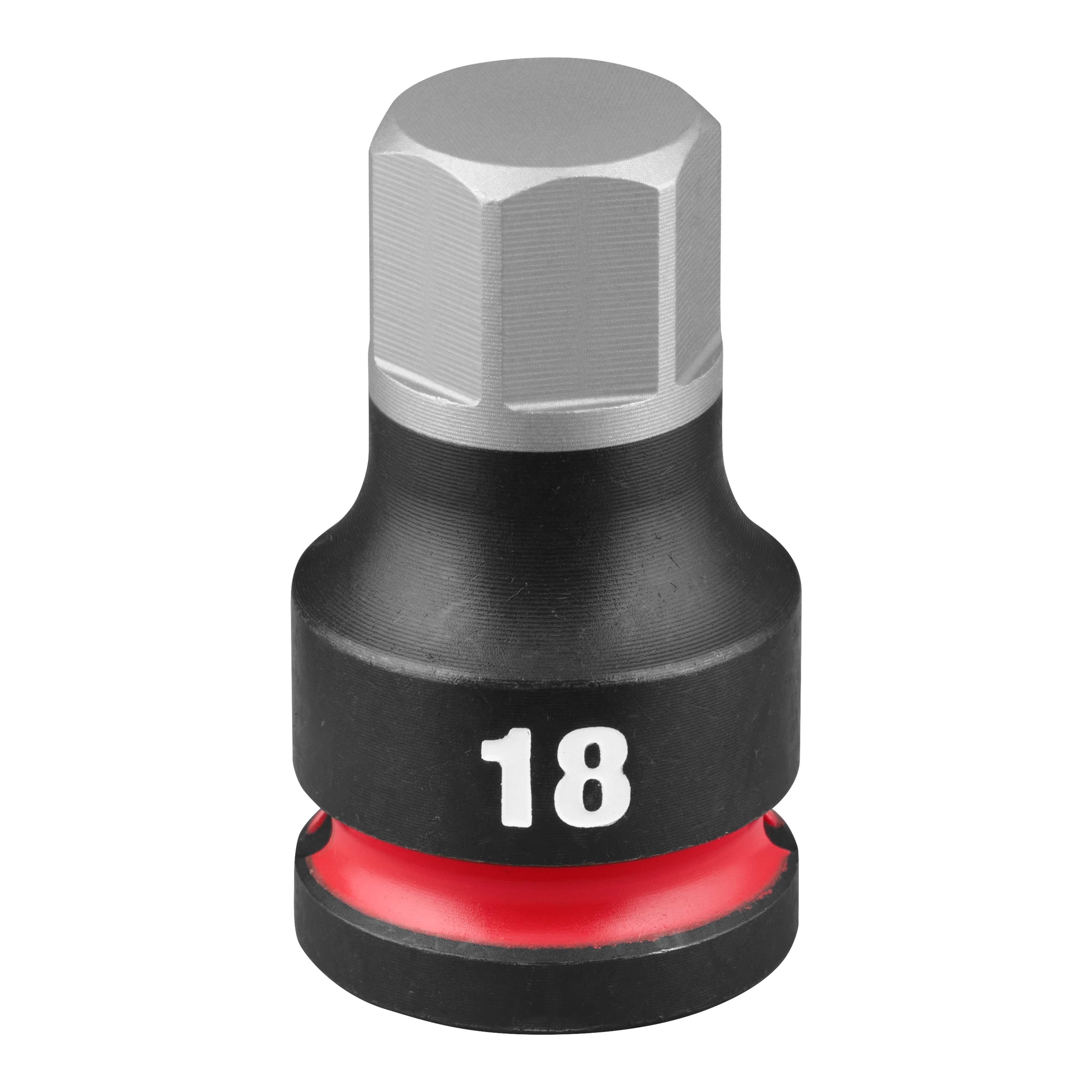 SHOCKWAVE Impact Duty 1/2" Drive 2" Hex 18mm Bit Socket features a black body with a red ring near the base and a silver hexagonal head.