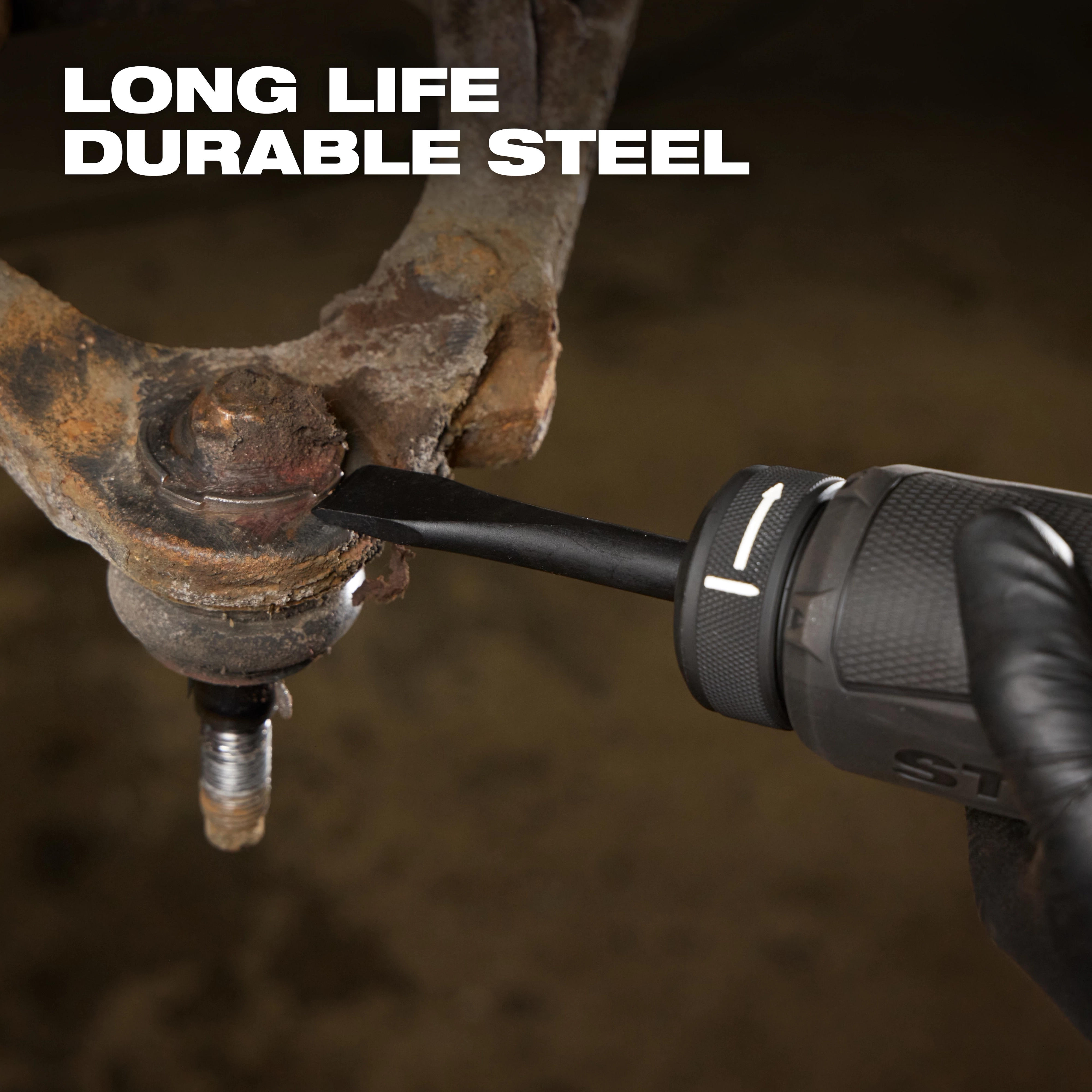 5PC Hammer Chisel Bit Set in use on a rusted metal joint with text reading LONG LIFE DURABLE STEEL.