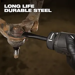 5PC Hammer Chisel Bit Set in use on a rusted metal joint with text reading LONG LIFE DURABLE STEEL.