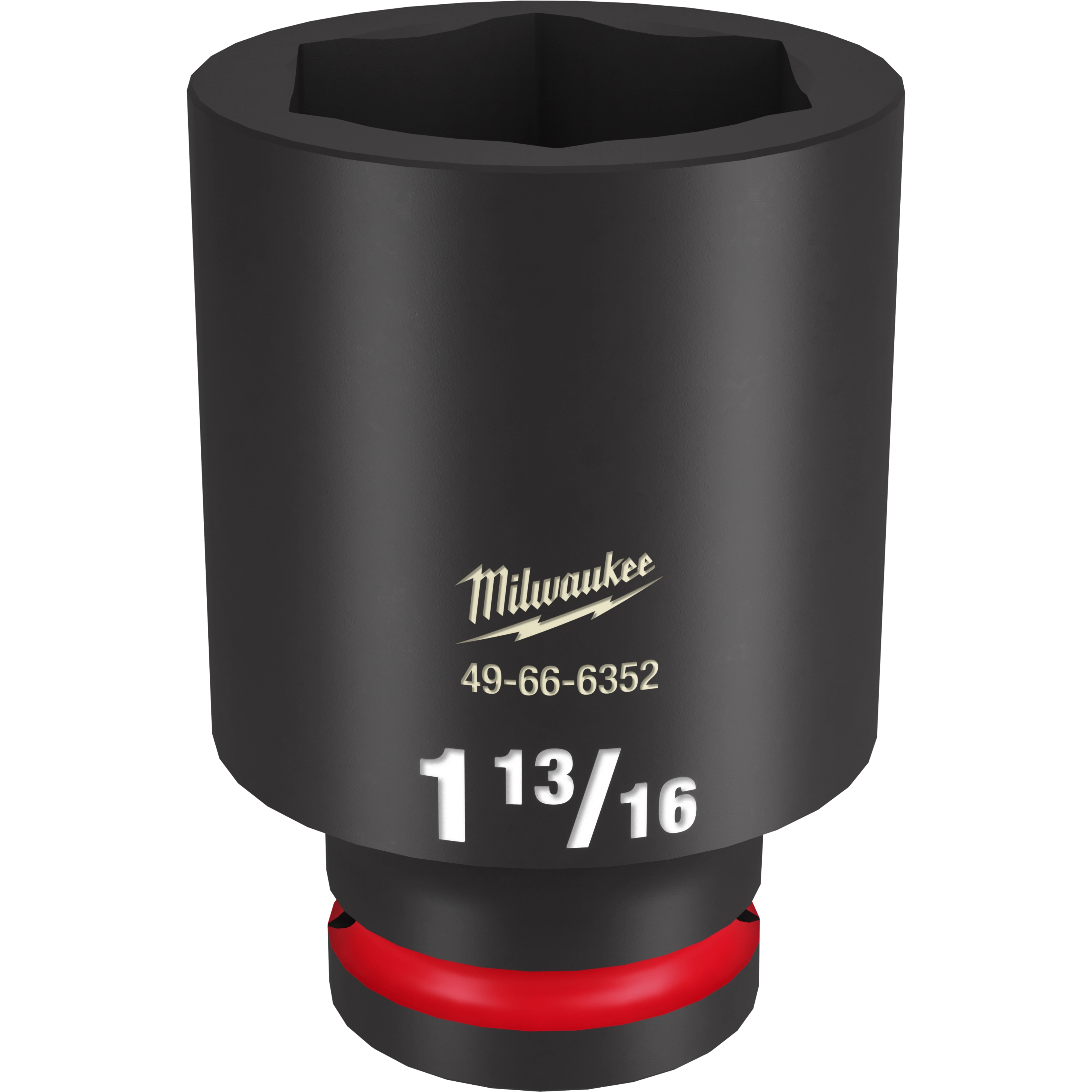 The 3/4 DR 1-13/16 DEEP IMPACT SOCKET is a black, heavy-duty socket with a red ring near its base. It features the Milwaukee logo and product number 49-66-6352 on its side, along with the size marking 1-13/16 in large white text.