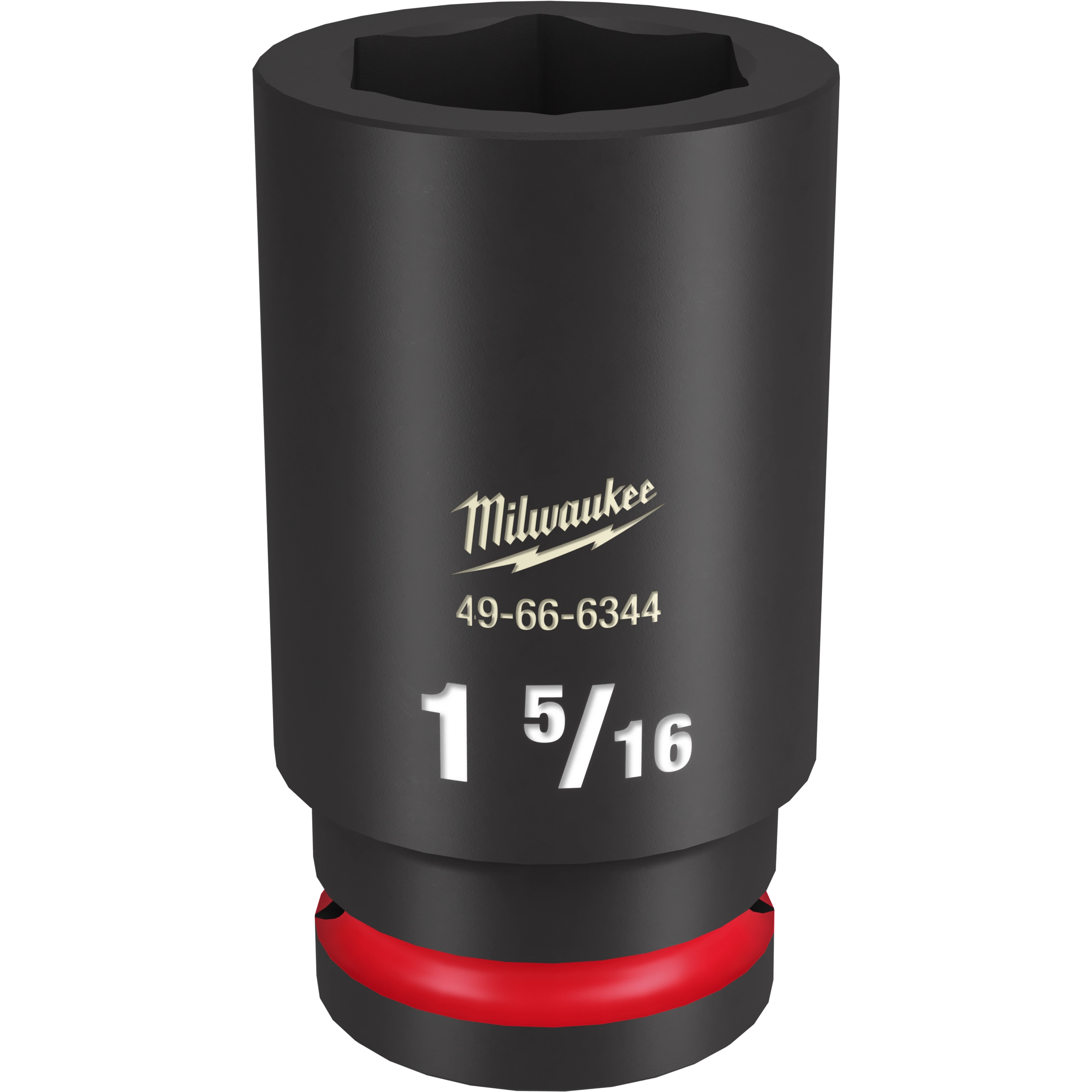 The 3/4 DR 1-5/16 Deep Impact Socket is black with white and yellow markings, showing the brand name, model number 49-66-6344, and size 1-5/16. The socket has a hexagonal opening and a red ring near the base.