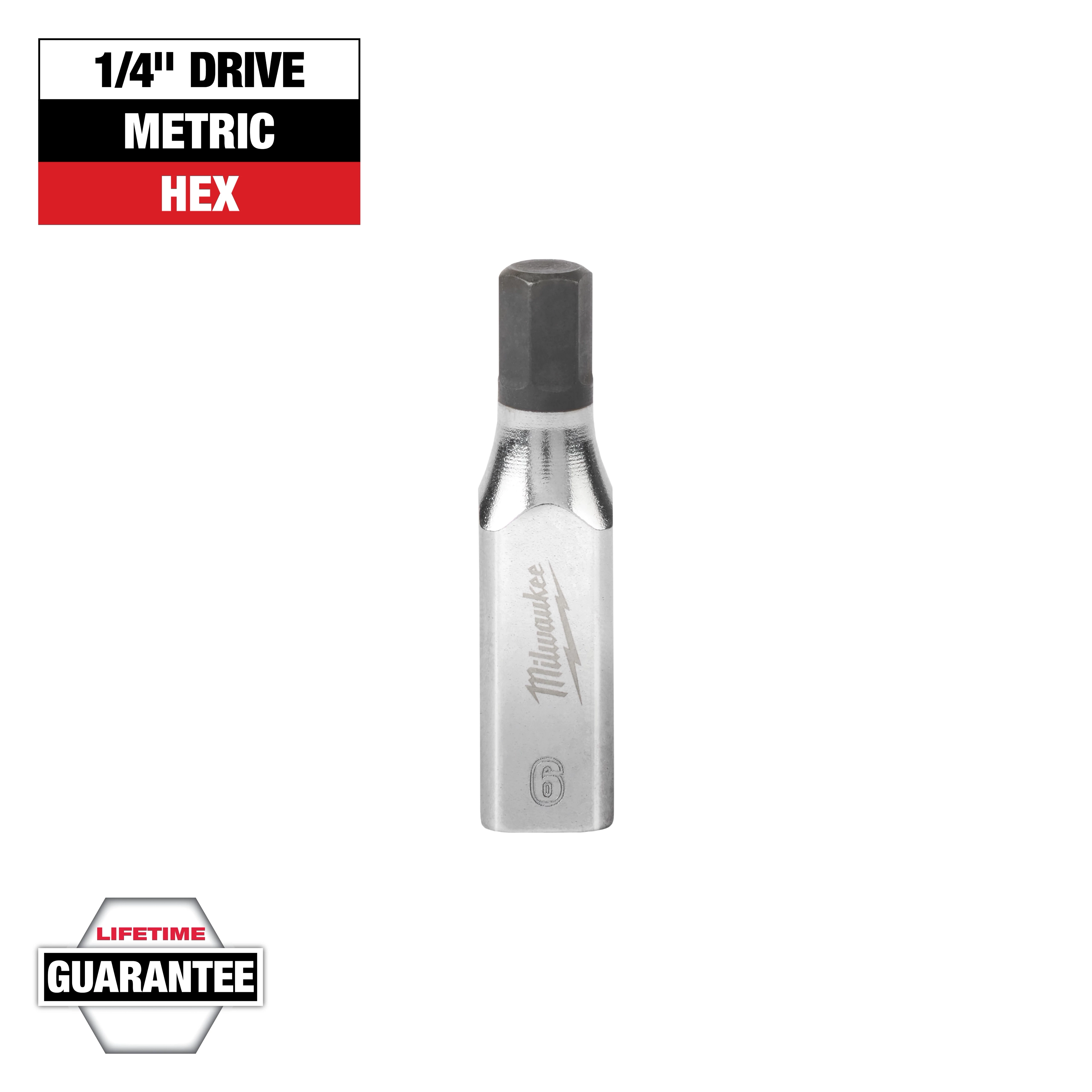 This image shows a Milwaukee 1/4" drive metric hex bit. It features a hexagonal head and a shiny metallic finish. The image includes text indicating a lifetime guarantee.