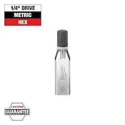 This image shows a Milwaukee 1/4" drive metric hex bit. It features a hexagonal head and a shiny metallic finish. The image includes text indicating a lifetime guarantee.