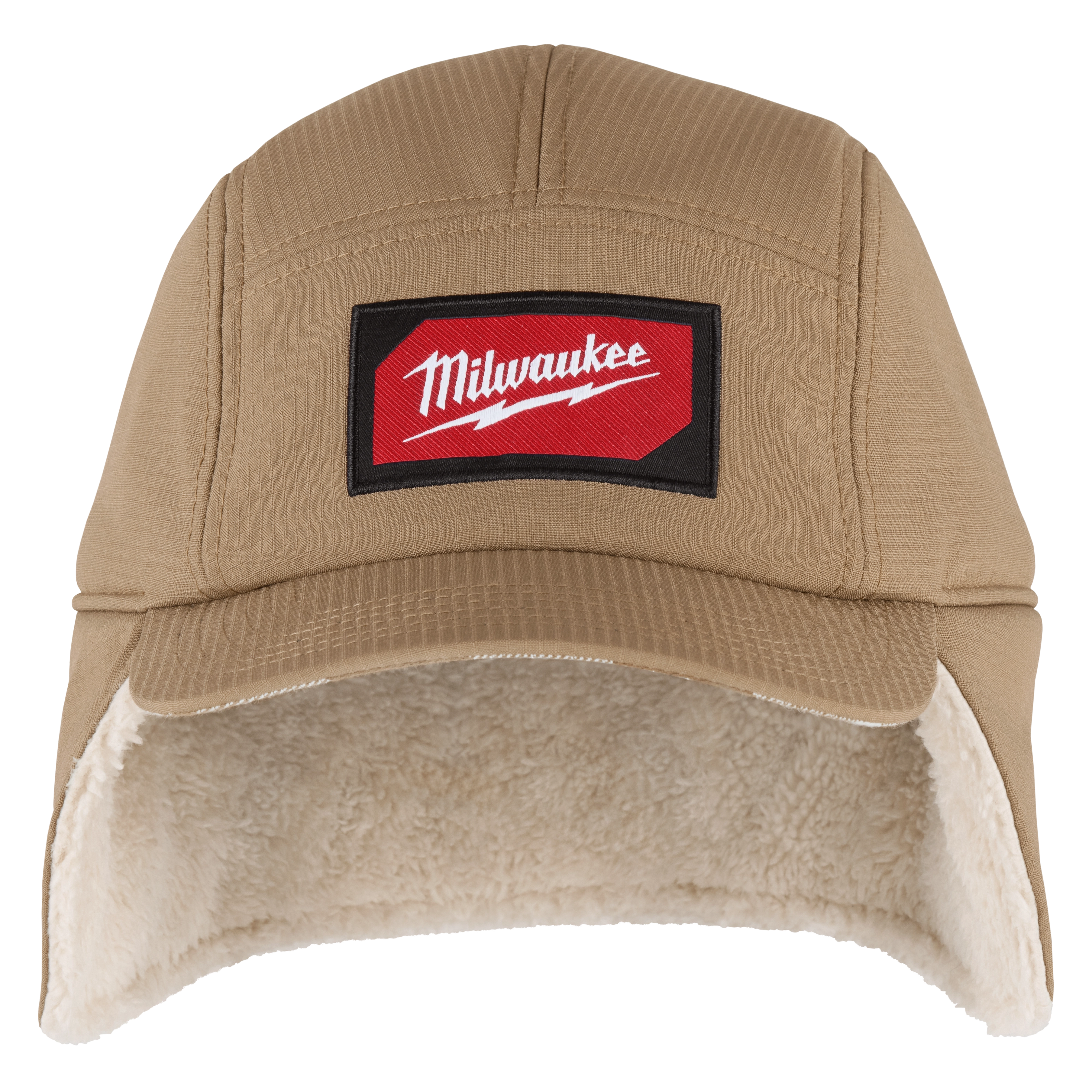 The Sherpa-Lined Hat is tan with a red and black front patch, featuring the word "Milwaukee" in white. The inside is lined with sherpa fabric.