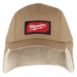 The Sherpa-Lined Hat is tan with a red and black front patch, featuring the word "Milwaukee" in white. The inside is lined with sherpa fabric.