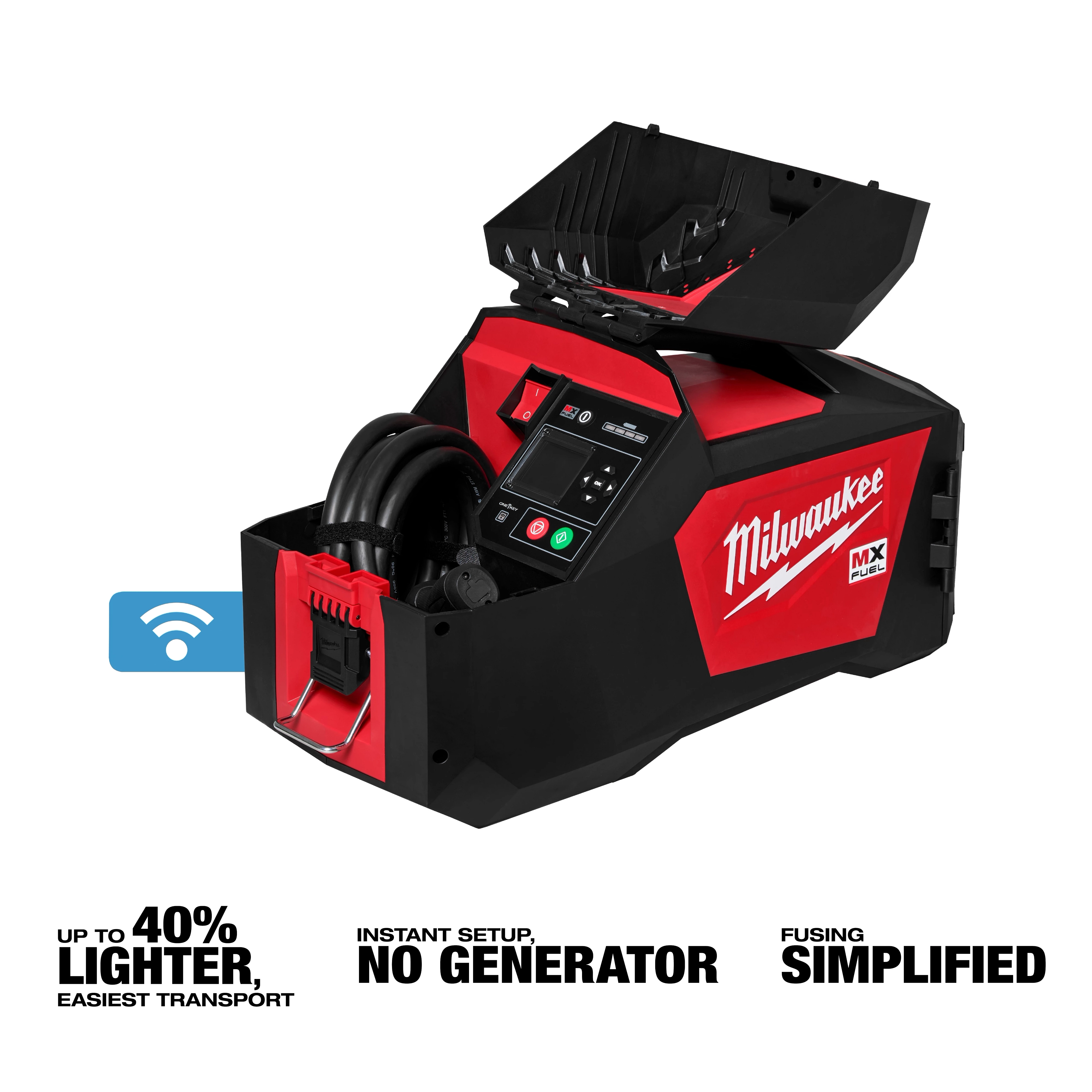 The MX FUEL™ Electrofusion Processor by Milwaukee is a compact, black and red device featuring digital controls and various wire connections. It facilitates instant setup without a generator, is up to 40% lighter for easier transport, and simplifies fusion. A blue Wi-Fi icon is displayed beside the product.