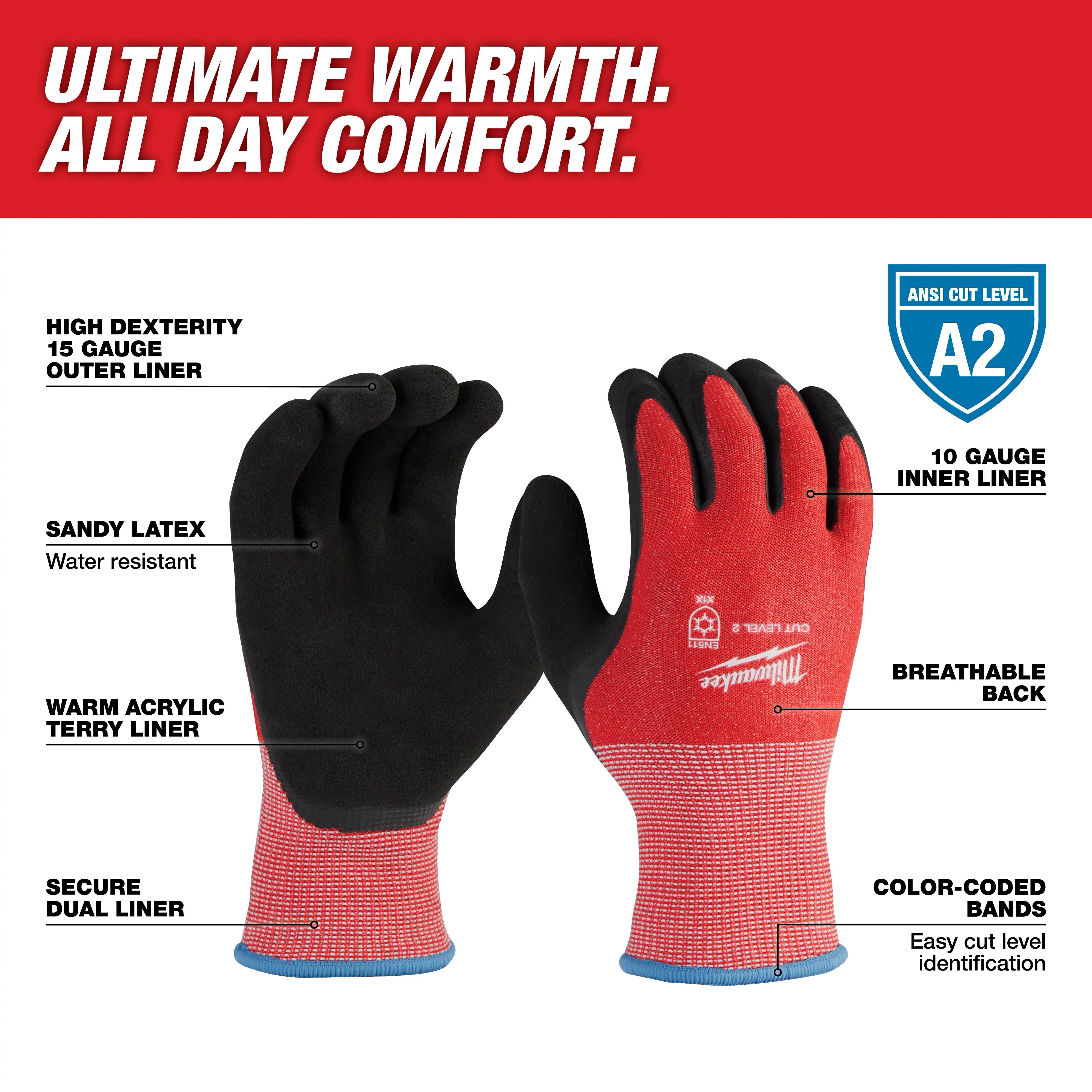 Red Latex Level 2 Cut Resistant Insulated Winter Dipped Work Gloves provide high dexterity, water resistance, warmth, and breathability.