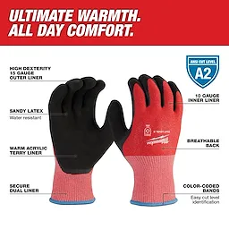 Red Latex Level 2 Cut Resistant Insulated Winter Dipped Work Gloves provide high dexterity, water resistance, warmth, and breathability.