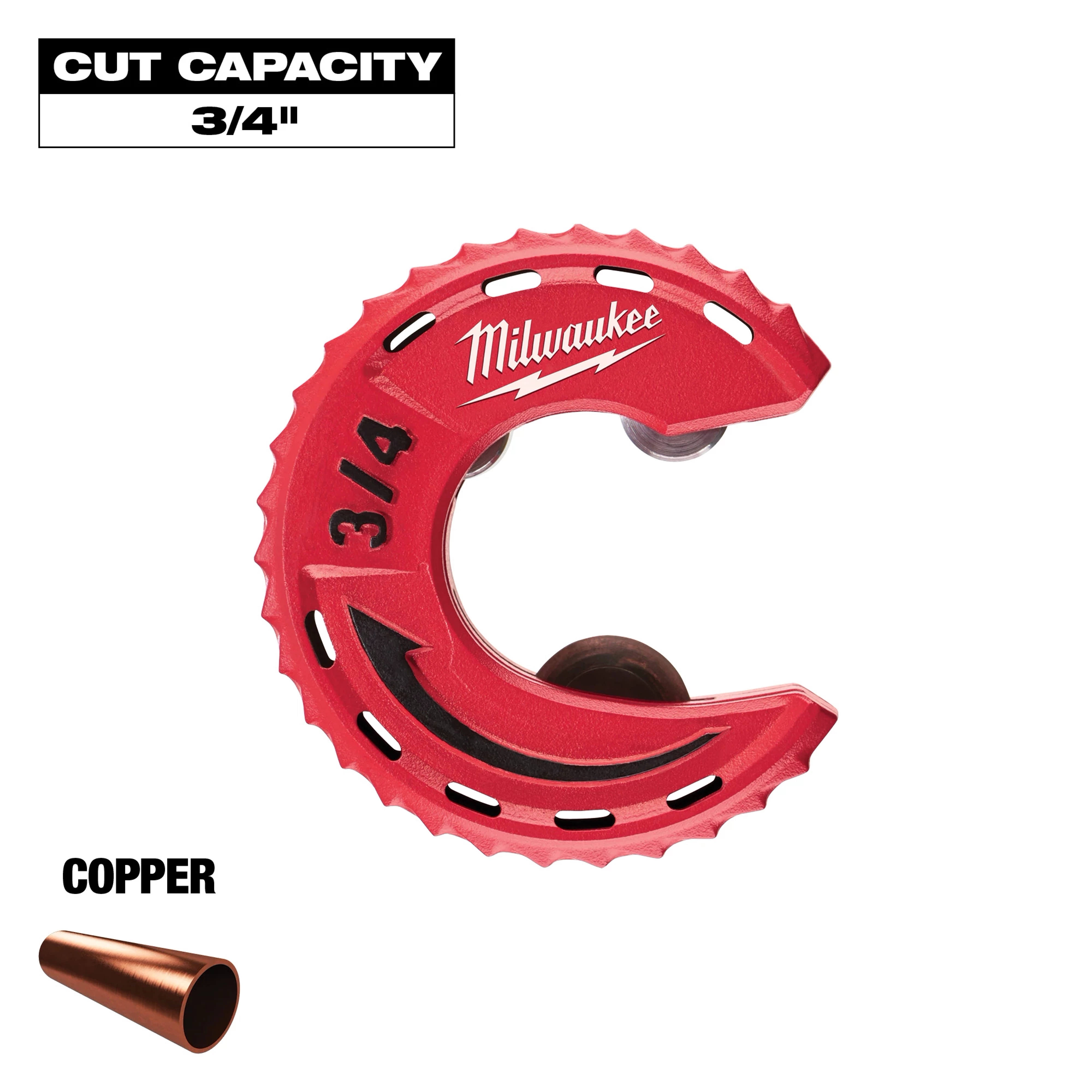 Milwaukee 3/4 inch copper tubing cutter, red in color with black and white labeling, shown with a cut capacity of 3/4 inch. The image also includes a copper pipe end.