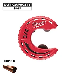 Milwaukee 3/4 inch copper tubing cutter, red in color with black and white labeling, shown with a cut capacity of 3/4 inch. The image also includes a copper pipe end.