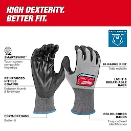 Cut Level 2 High-Dexterity Polyurethane Dipped Gloves feature touchscreen compatibility, reinforced nitrile coating, and an 18-gauge knit design.