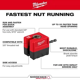 The SHOCKWAVE™ Impact Duty 3/8" Threaded Rod Nut Runner is a red and black tool designed for quick assembly on 3/8" hex nuts. Compatible with impact drivers, it offers side access for adjustments and is up to 9 times faster than hand spinning. Features durable SHOCKZONE™ shank.