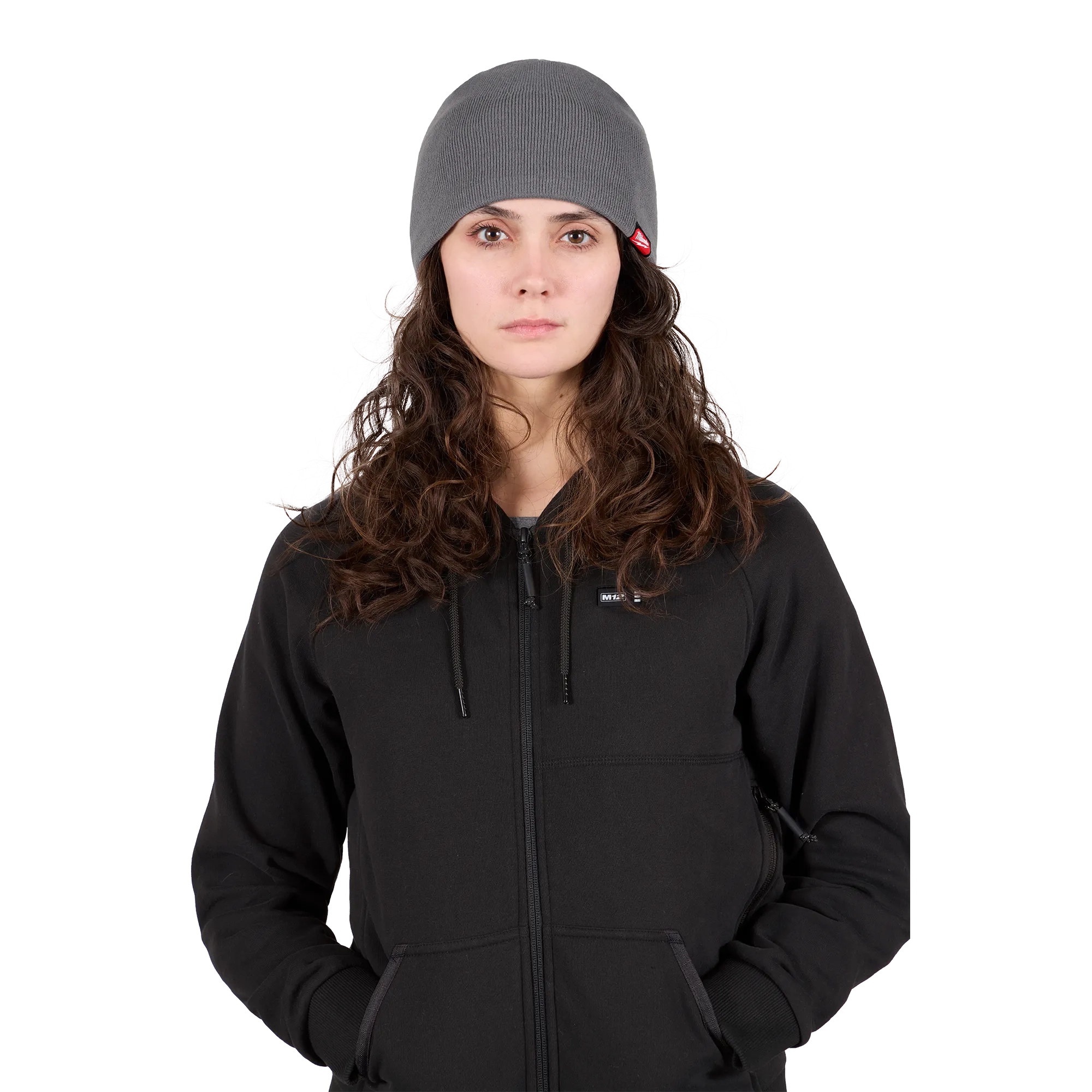 Image of a woman wearing the Milwaukee Fleece-Lined Beanie in gray