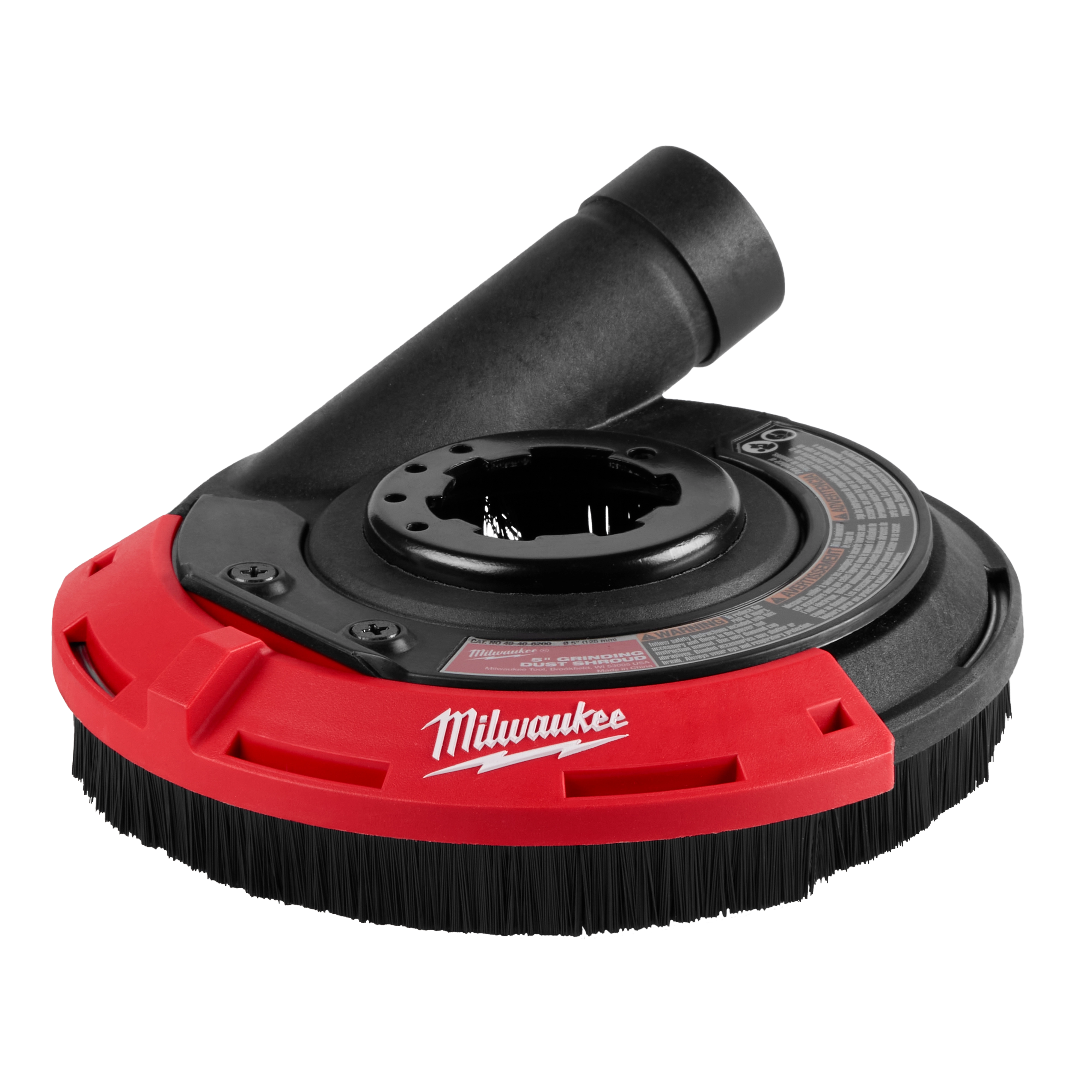 4-1/2" - 5" Surface Grinding Dust Shroud, shown with a Milwaukee logo. The product features a circular design that connects to grinders, has a top-mounted hose attachment, and is used for dust control during surface grinding.