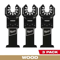 Three black Milwaukee OPEN-LOK 1-3/8" HCS Wood Multi-Tool Blades are shown in a 3-pack. "WOOD" is written in white.