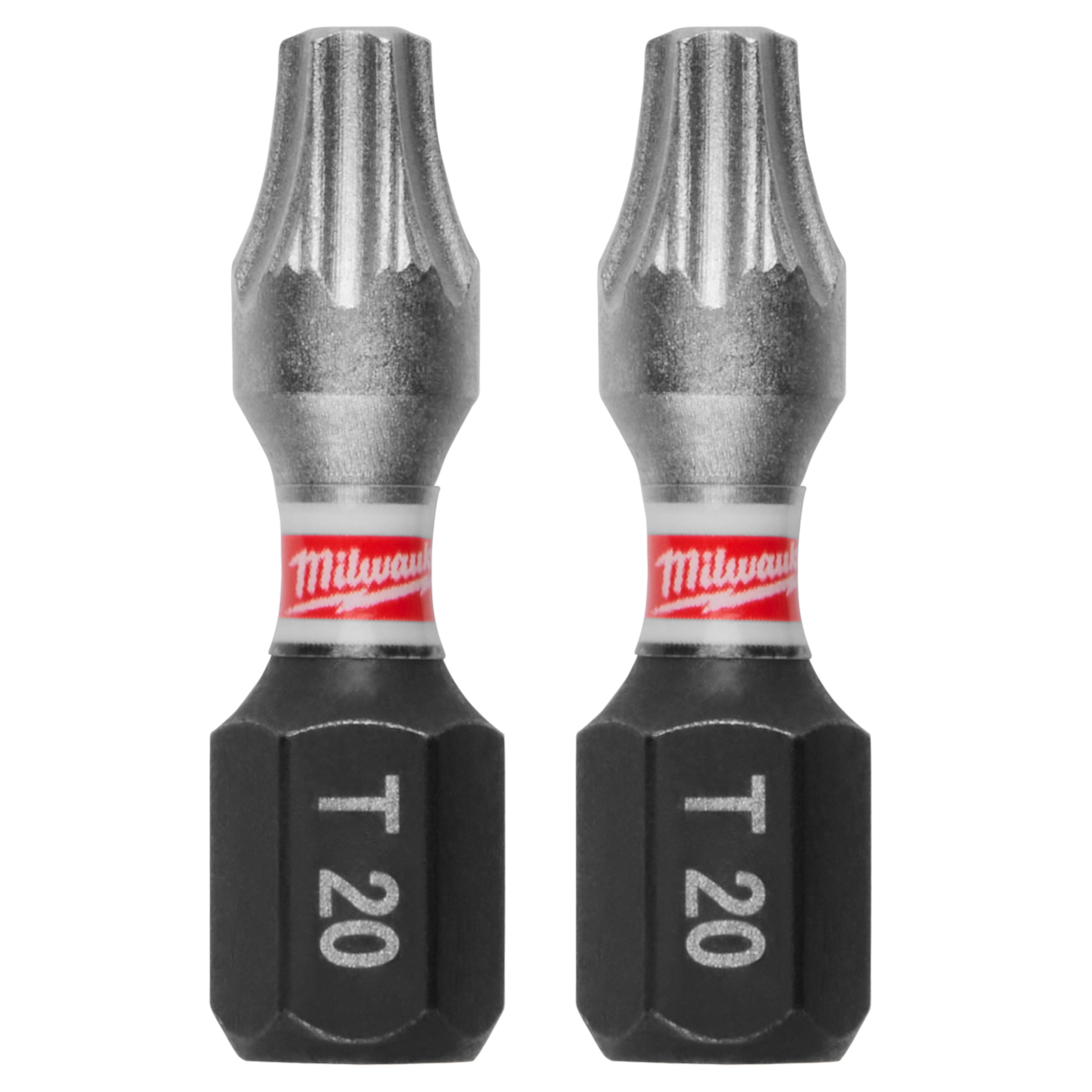 This image shows two SHOCKWAVE™ 1" Impact Duty TORX® T20 Insert Bits (2 PK). The bits have a black base with "T20" engraved and a metallic tip, featuring a red Milwaukee band in the middle.