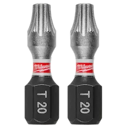This image shows two SHOCKWAVE™ 1" Impact Duty TORX® T20 Insert Bits (2 PK). The bits have a black base with "T20" engraved and a metallic tip, featuring a red Milwaukee band in the middle.