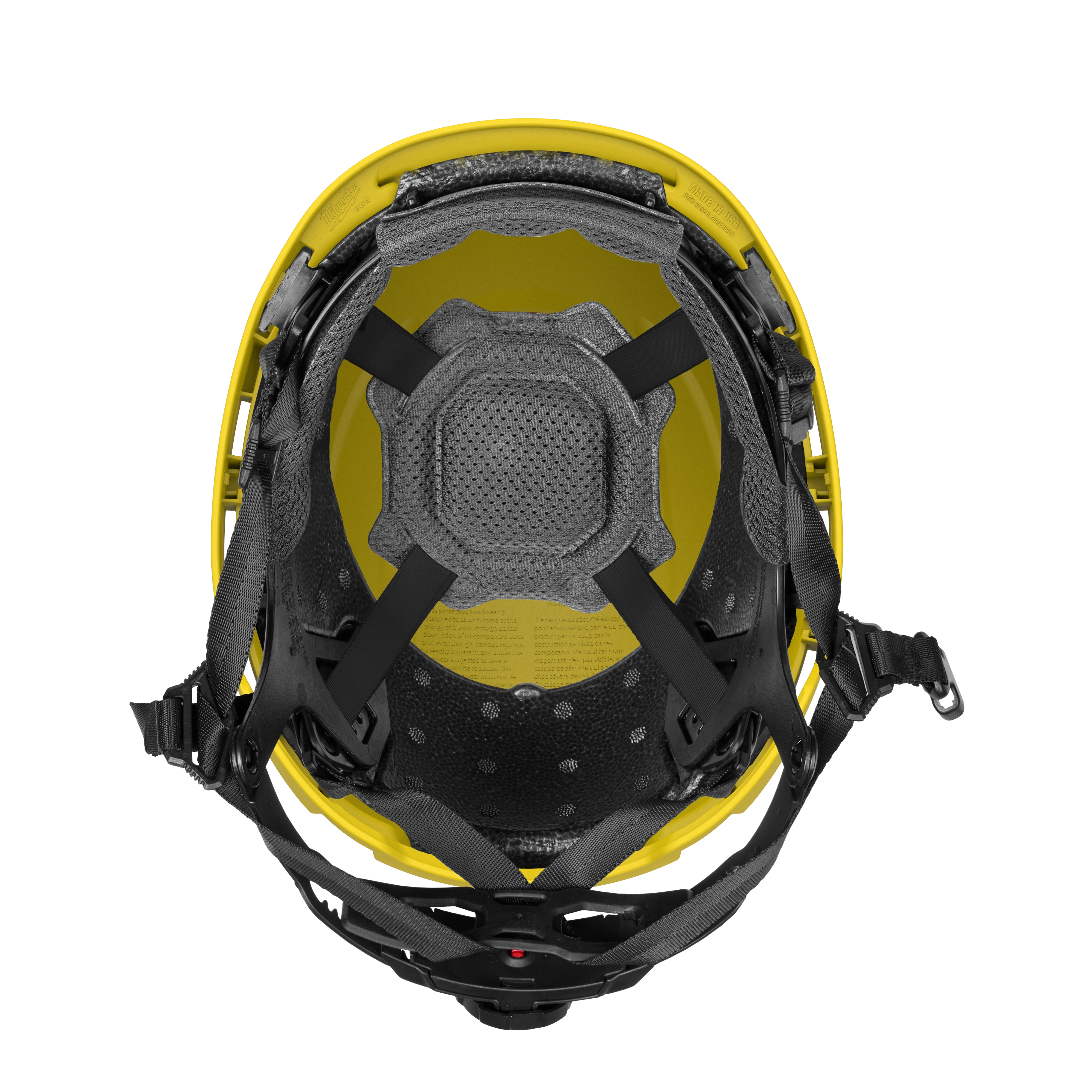 The BOLT™ Yellow Safety Helmet with 4-point Ratcheting Suspension – Type 2, Class E features interior padding, adjustable straps, and a red label on top. The helmet ensures safety and comfort with its structured suspension system designed to prevent impact damage for workers in construction or industrial environments.