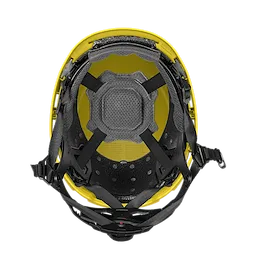 The BOLT™ Yellow Safety Helmet with 4-point Ratcheting Suspension – Type 2, Class E features interior padding, adjustable straps, and a red label on top. The helmet ensures safety and comfort with its structured suspension system designed to prevent impact damage for workers in construction or industrial environments.