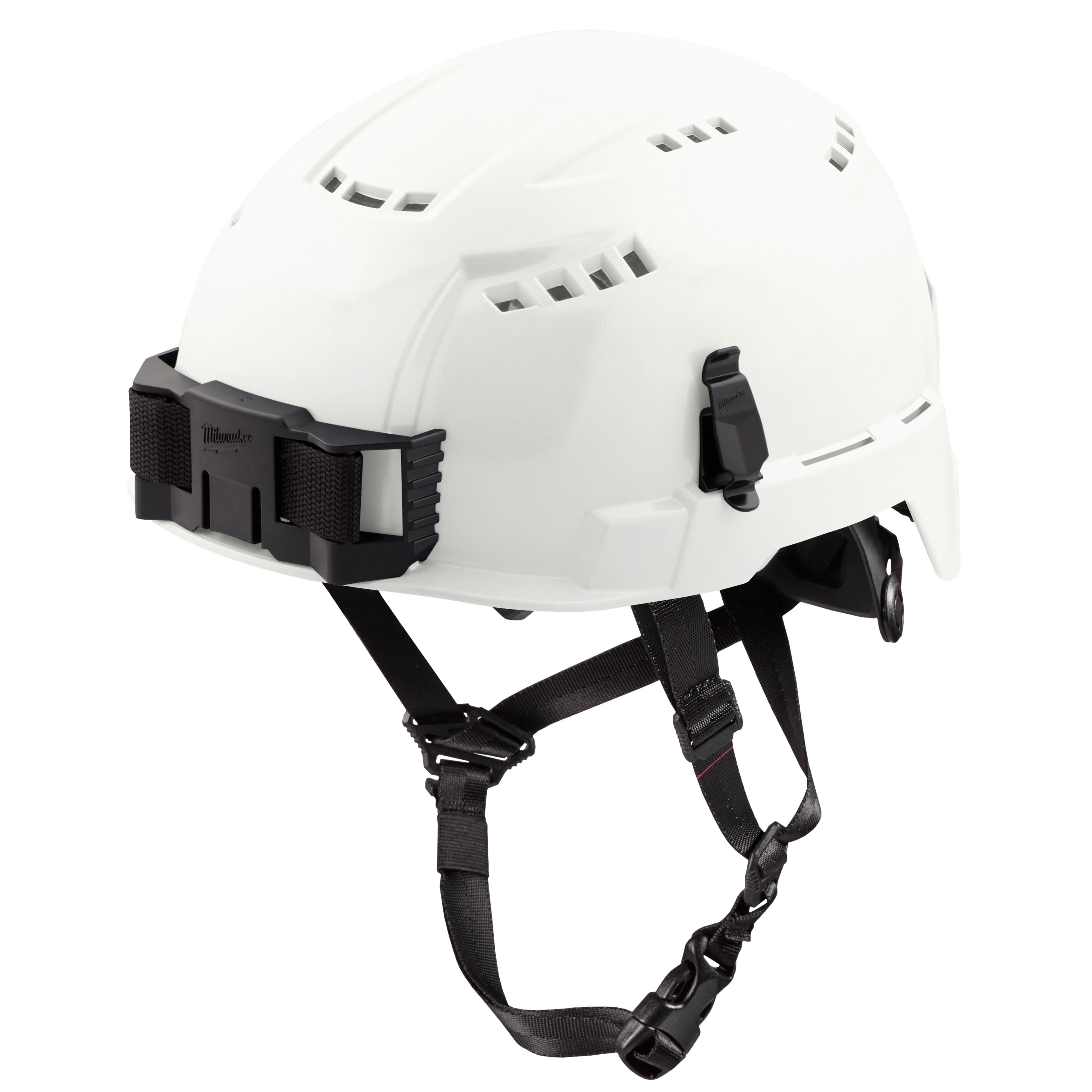 A white safety helmet features ventilation slots, an adjustable black strap, and a secure buckle. A mounting bracket is attached at the front for accessories.