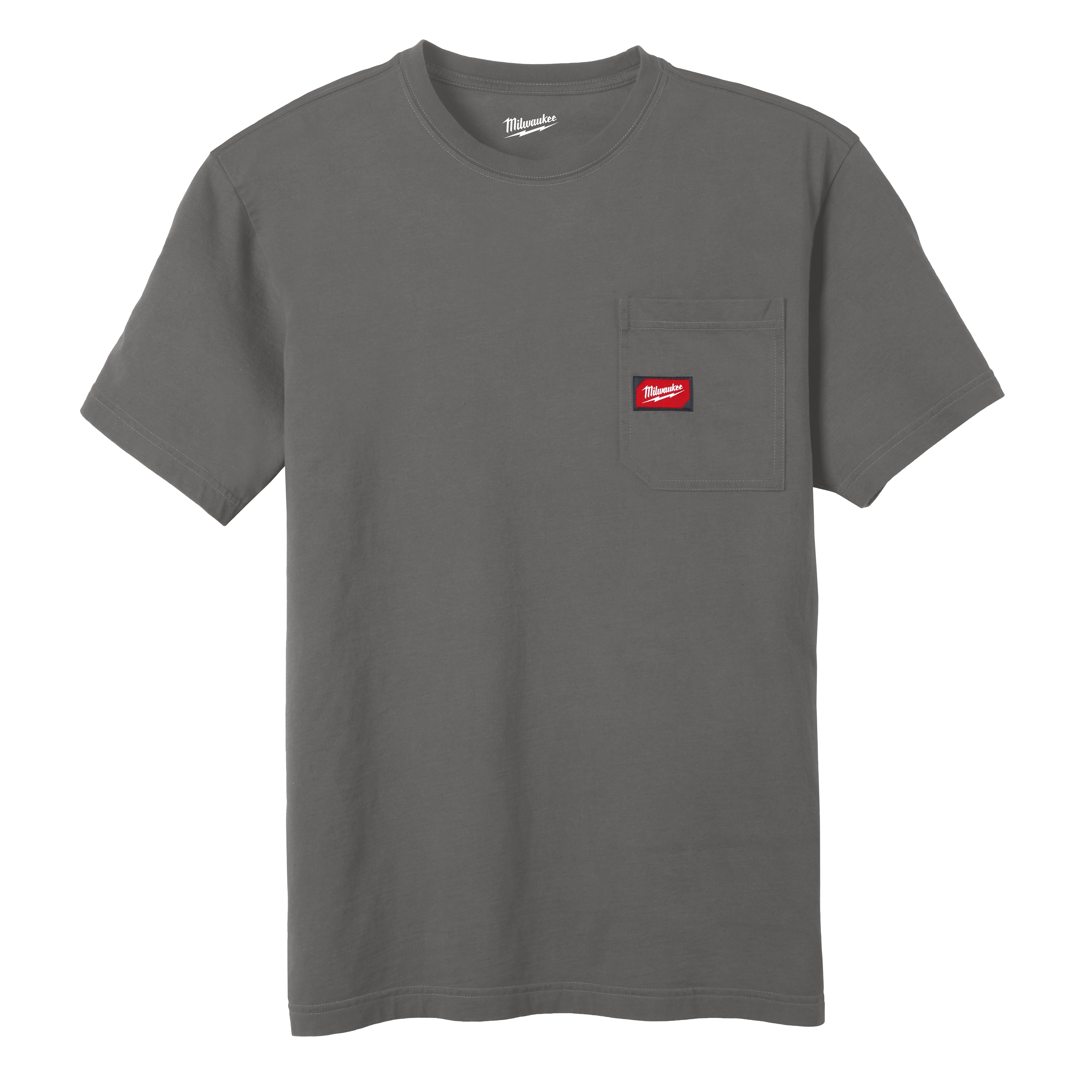 Gray Heavy Duty Pocket T-Shirt with a red logo on the chest pocket and brand name on the inside collar.