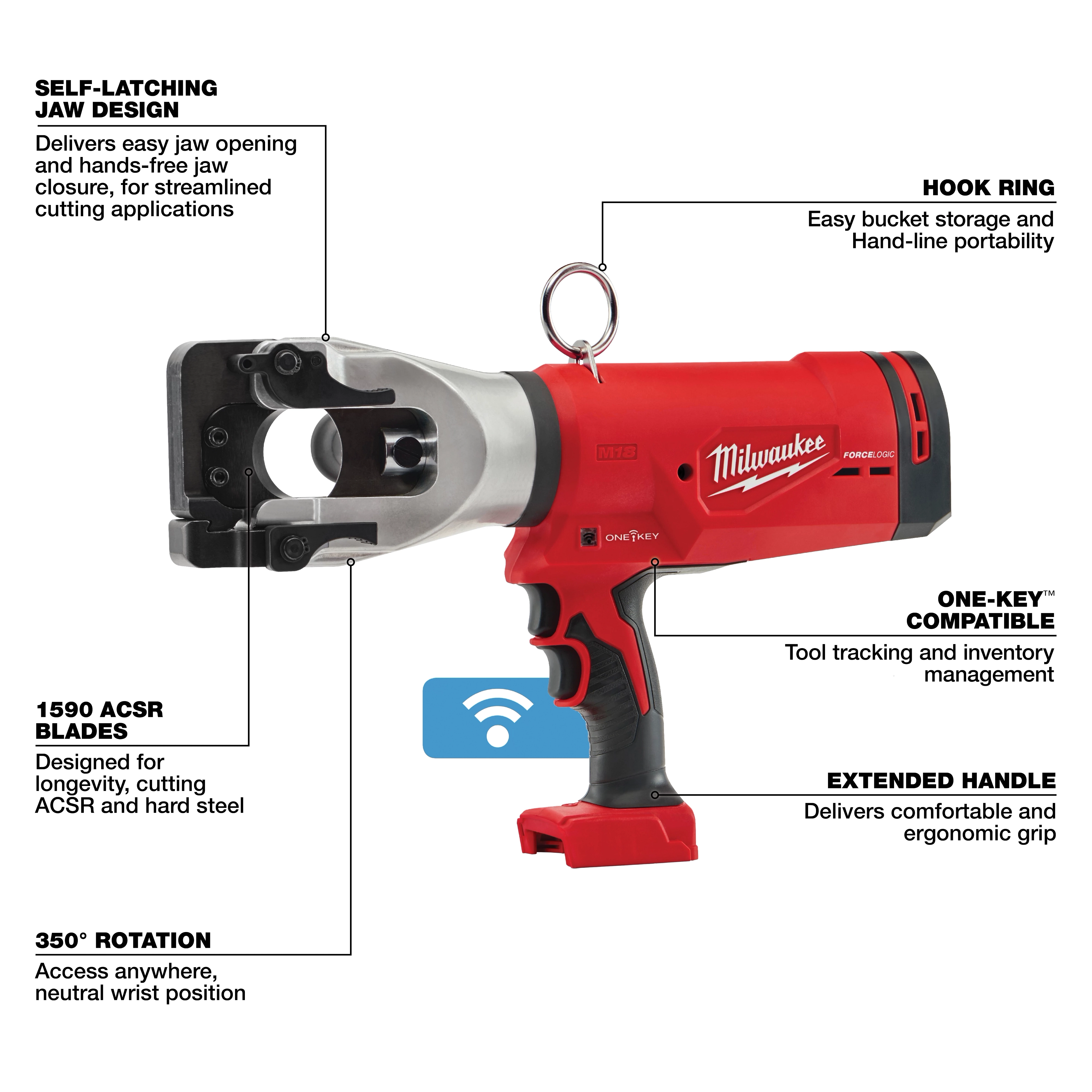 The M18™ FORCE LOGIC™ 1590 ACSR Cable Cutter features a self-latching jaw design, extended handle, One-Key™ compatibility, and a hook ring for portability. It also has 1590 ACSR blades for cutting hard steel and offers 350° rotation for versatile access.