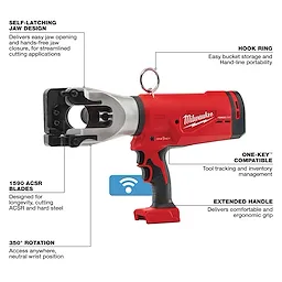 The M18™ FORCE LOGIC™ 1590 ACSR Cable Cutter features a self-latching jaw design, extended handle, One-Key™ compatibility, and a hook ring for portability. It also has 1590 ACSR blades for cutting hard steel and offers 350° rotation for versatile access.
