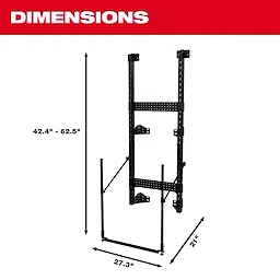 The PACKOUT™ Rack Frame is displayed with dimensions: height adjustable from 42.4 inches to 62.5 inches, 27.3 inches width, and 21 inches depth. The structure is black with perforated steel beams and mounting brackets. The background is white, and the word "DIMENSIONS" appears in bold red text at the top.
