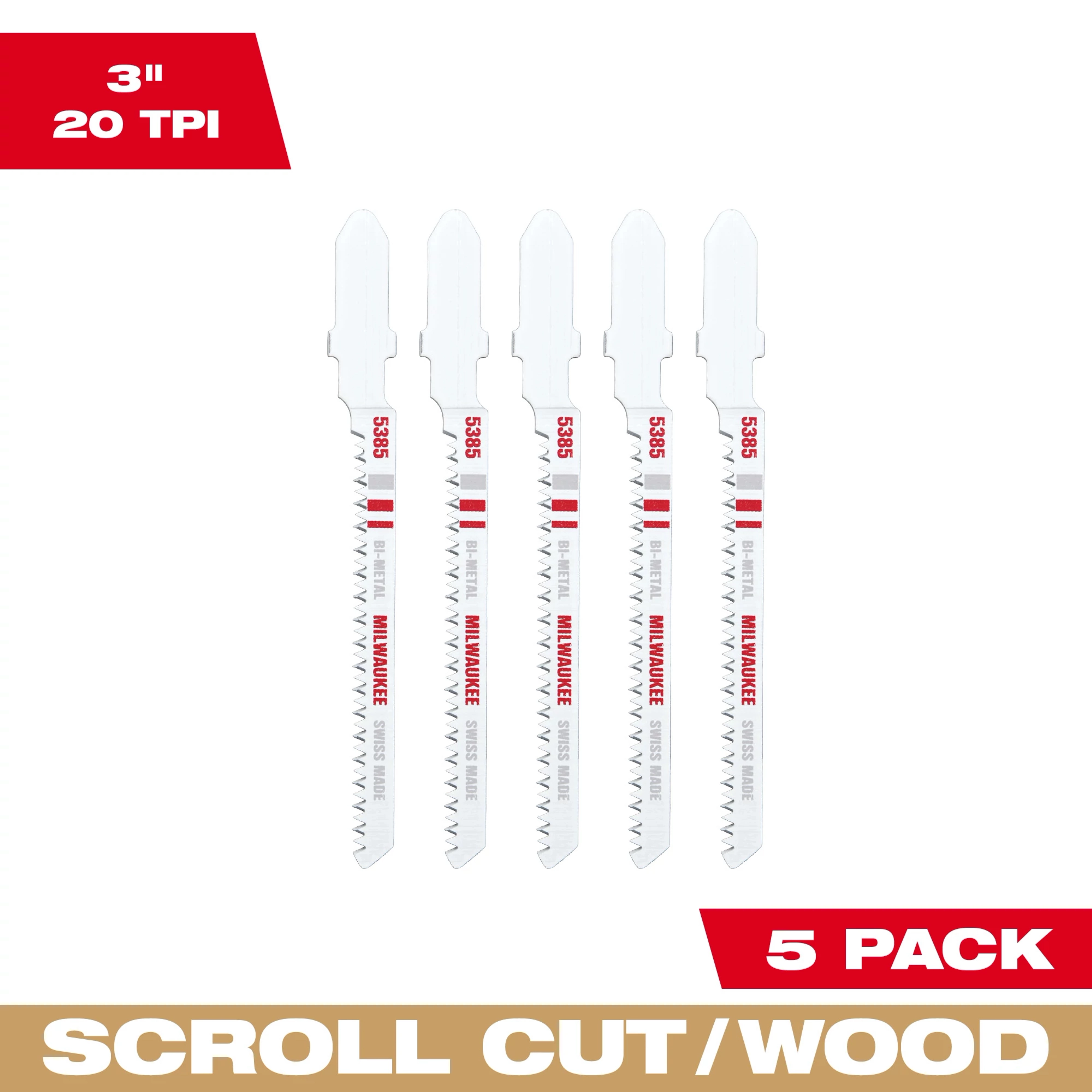 Five 3" 20TPI T-Shank Wood Bi-Metal Jig Saw Blades displayed vertically with red packaging details and text indicating a 5 pack.