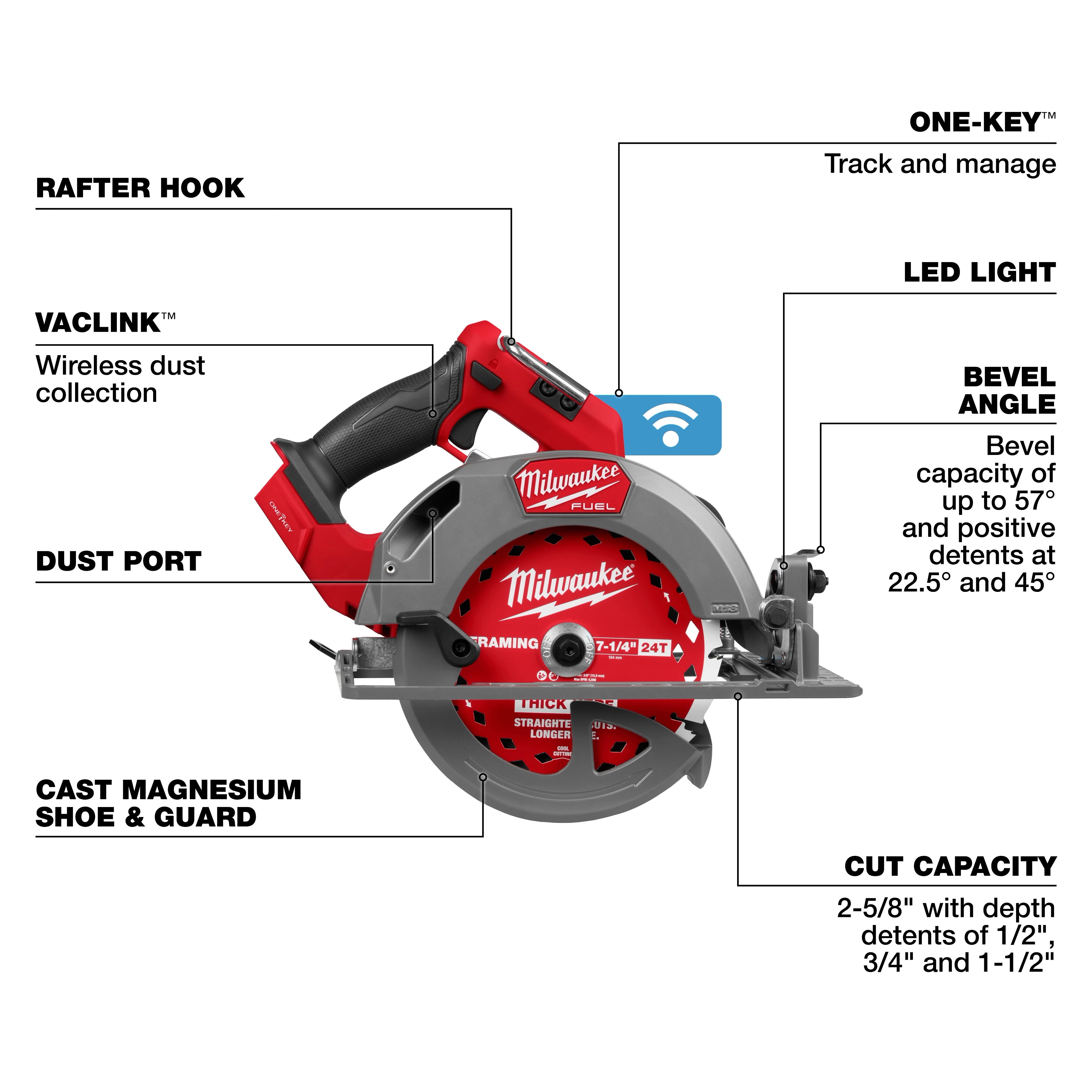 Milwaukee M18 FUEL™ 7-1/4" Circular Saw w/ ONE-KEY™ features a rafter hook, VACLINK™ wireless dust collection, LED light, bevel angle adjustments up to 57°, cast magnesium shoe and guard, and cut capacity of 2-5/8". The saw can track and manage tools via ONE-KEY™.