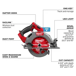 Milwaukee M18 FUEL™ 7-1/4" Circular Saw w/ ONE-KEY™ features a rafter hook, VACLINK™ wireless dust collection, LED light, bevel angle adjustments up to 57°, cast magnesium shoe and guard, and cut capacity of 2-5/8". The saw can track and manage tools via ONE-KEY™.