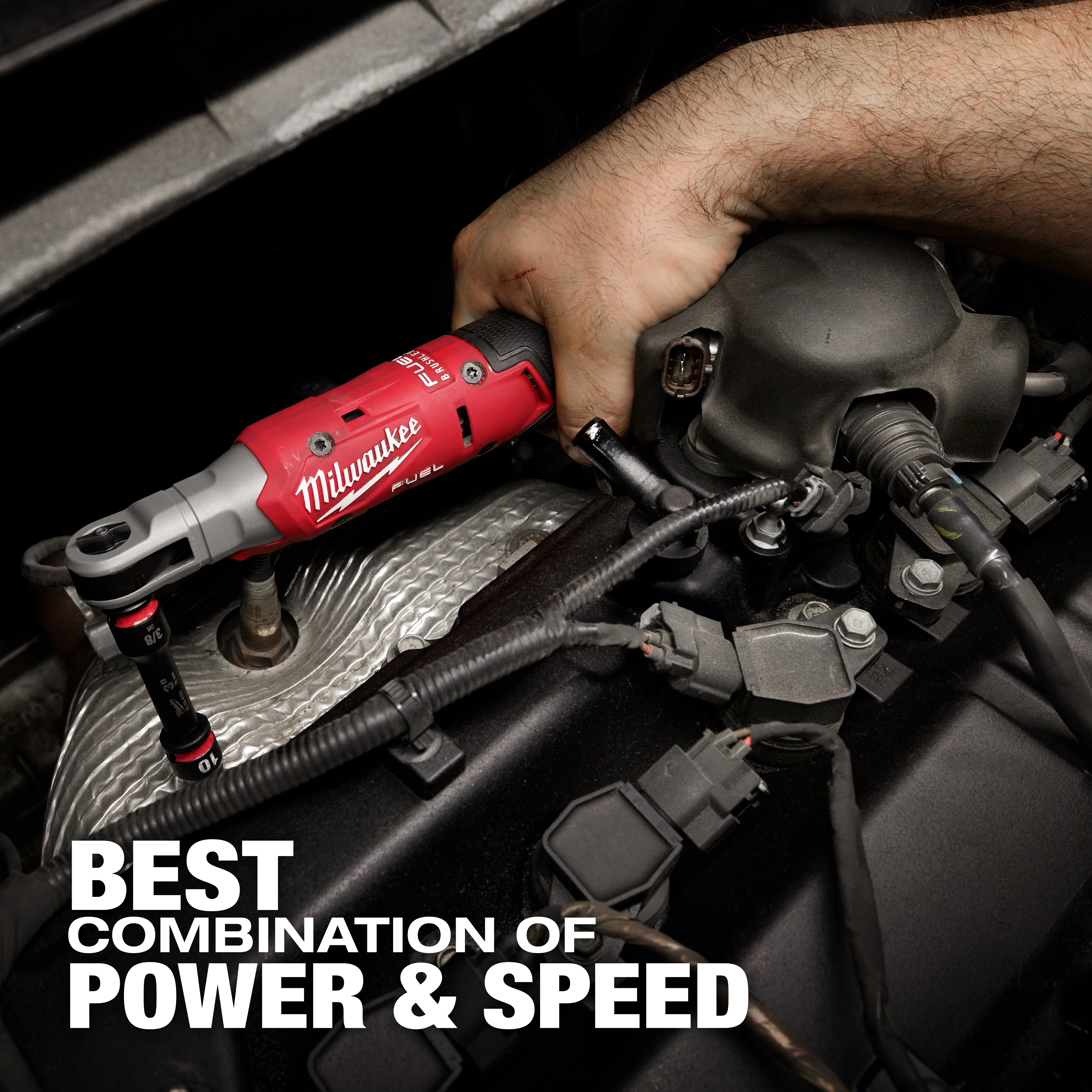 A person uses the M12 FUEL™ 3/8" Ratchet to work on an engine. The red and black tool is shown in close-up, highlighting its ergonomic design and the tagline "Best Combination of Power & Speed" in white text.