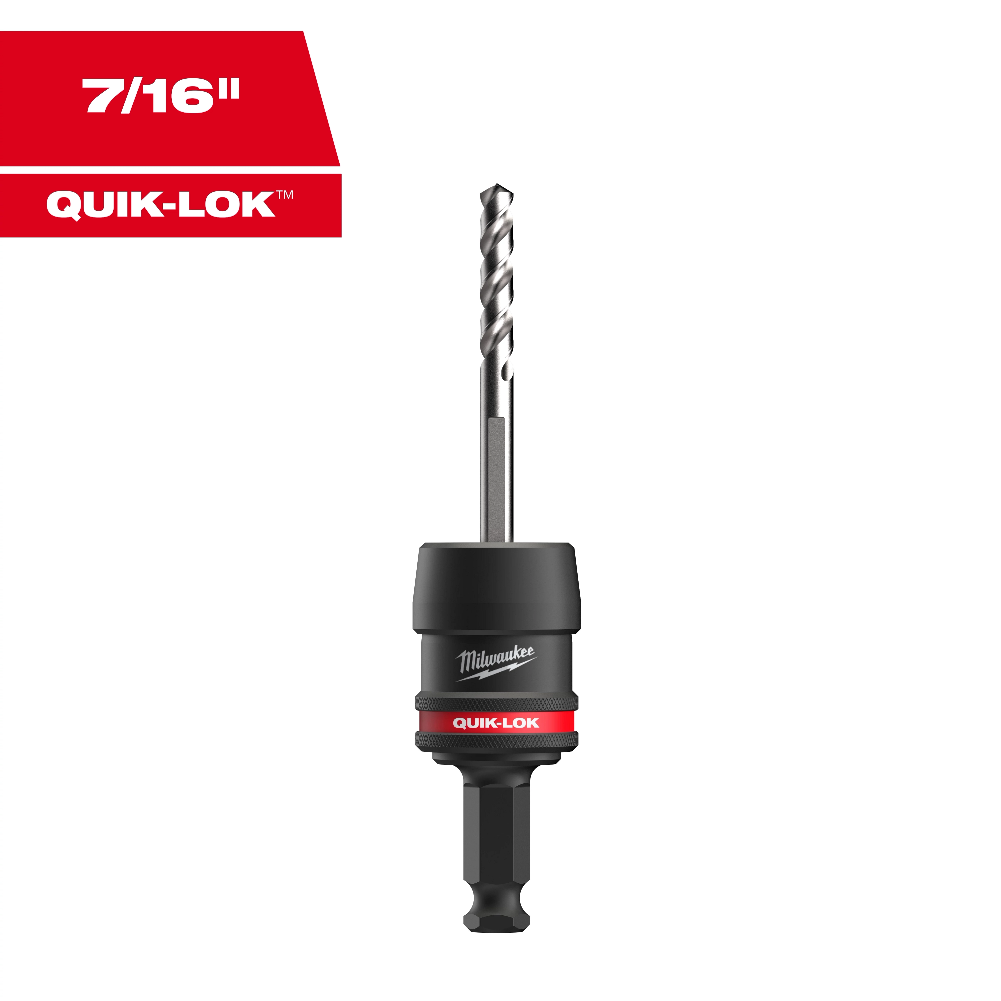 Milwaukee's 5PC 7/16" QUIK-LOK™ Arbor Set is displayed, featuring a black and red Quick-Lok mechanism. The set includes a central drill bit for creating holes and an arbor designed for compatibility with various drill tools.