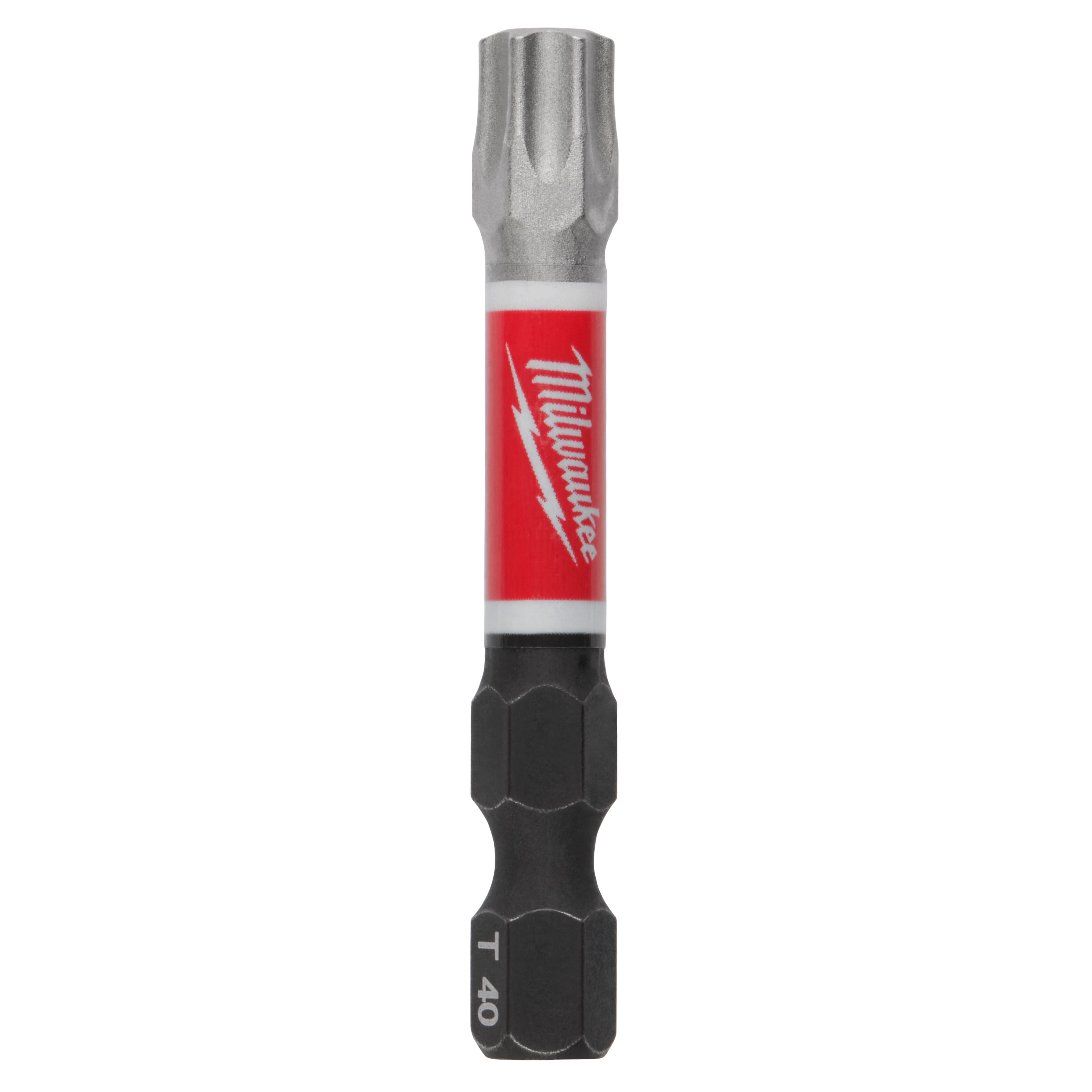 Image of a SHOCKWAVE™ 2" Impact TORX® T40 Power Bit (2 PK). The bit is black with a hexagonal base and has a red and white Milwaukee logo on the shaft.