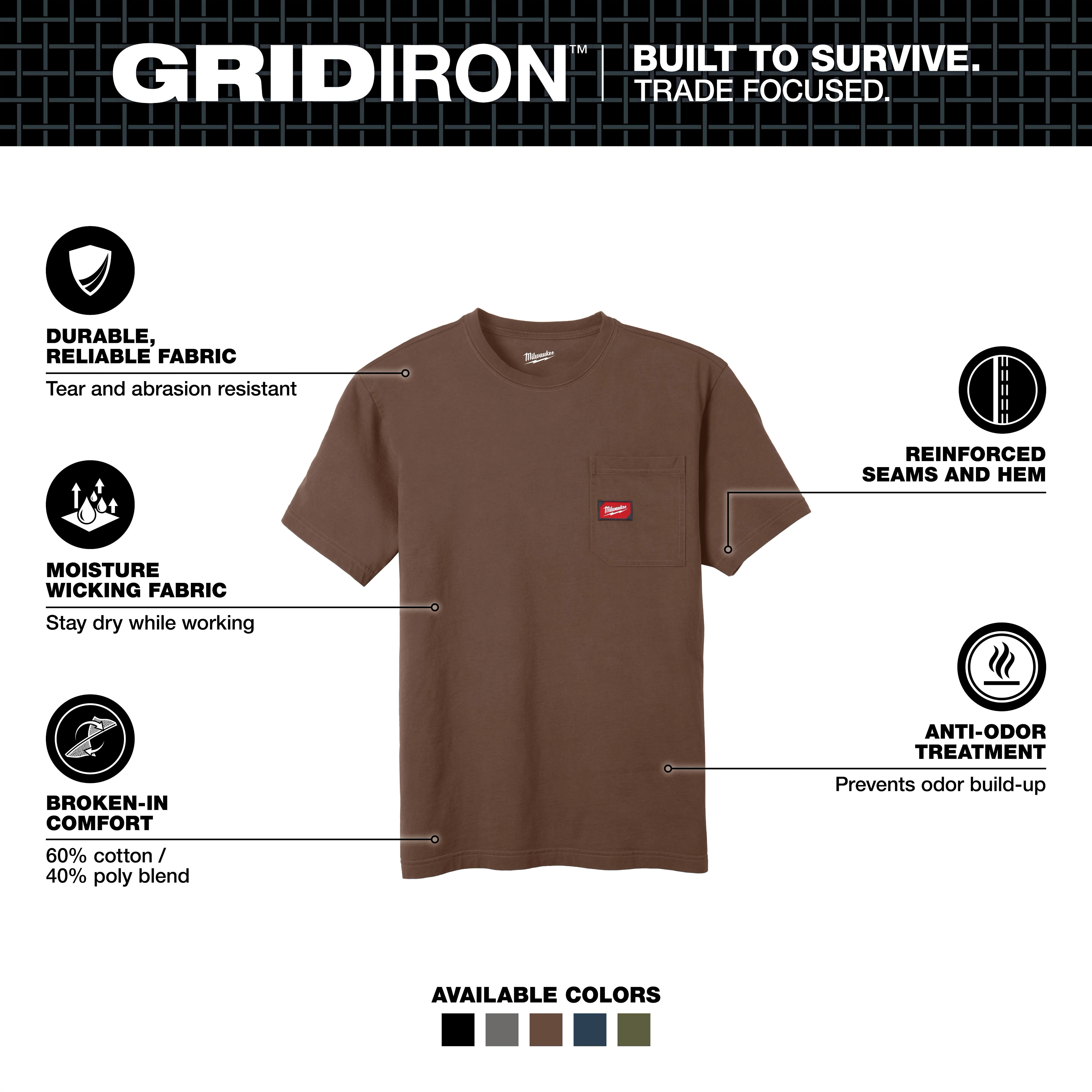 GRIDIRON Pocket T-Shirt - Short Sleeve in brown, features durable fabric, moisture-wicking, reinforced seams, anti-odor treatment, and 60% cotton blend.
