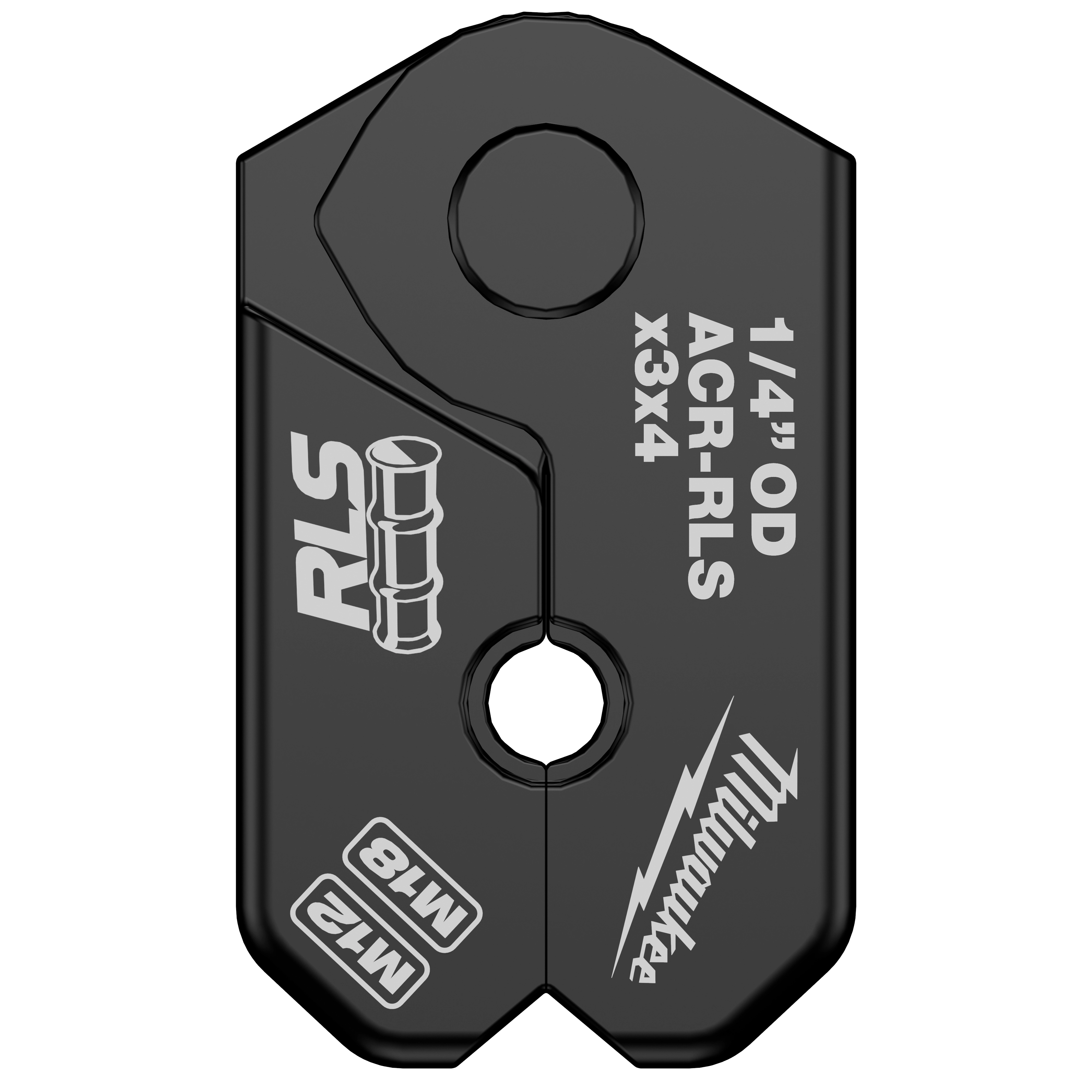 The 1/4" RLS® Pivoting Press Ring is a black, metal tool with white text indicating specifications "1/4" OD ACR-RLS x3x4." It features the Milwaukee logo, an image of a tube fitting labeled "RLS," and additional text "M12 MT8" at the bottom.