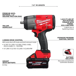 The M18 FUEL™ 1/2" High Torque Impact Wrench with Friction Ring by Milwaukee. Features include a premium 1/2" square friction ring anvil, tri-LED work light, four-mode drive control, forward/reverse control switch, and a battery isolator. It provides 1,600 ft-lbs of torque with an XC8.0 battery.