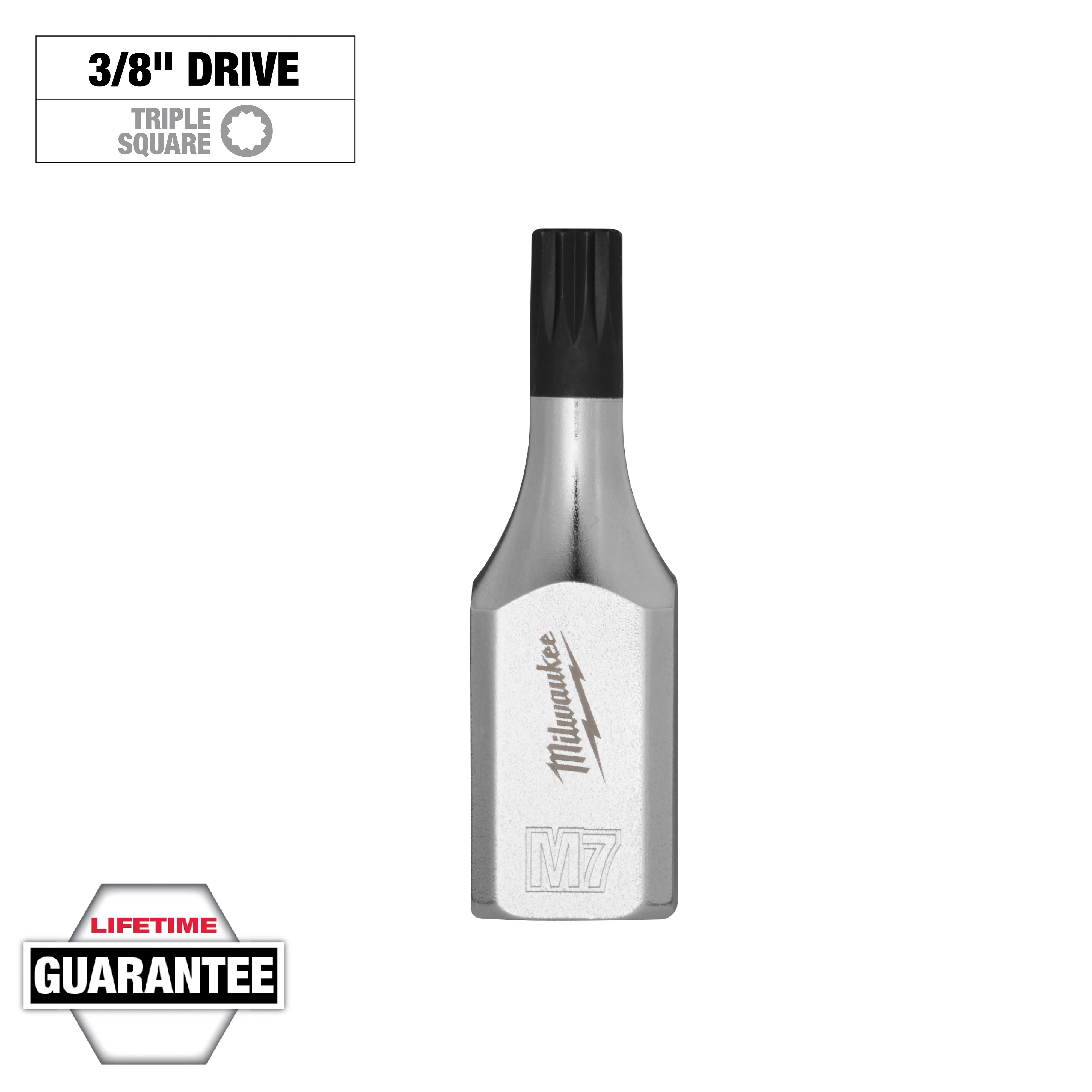 3/8" Drive 7mm Triple Square Bit Socket with a lifetime guarantee. It is made of durable metal and features a hexagonal base.