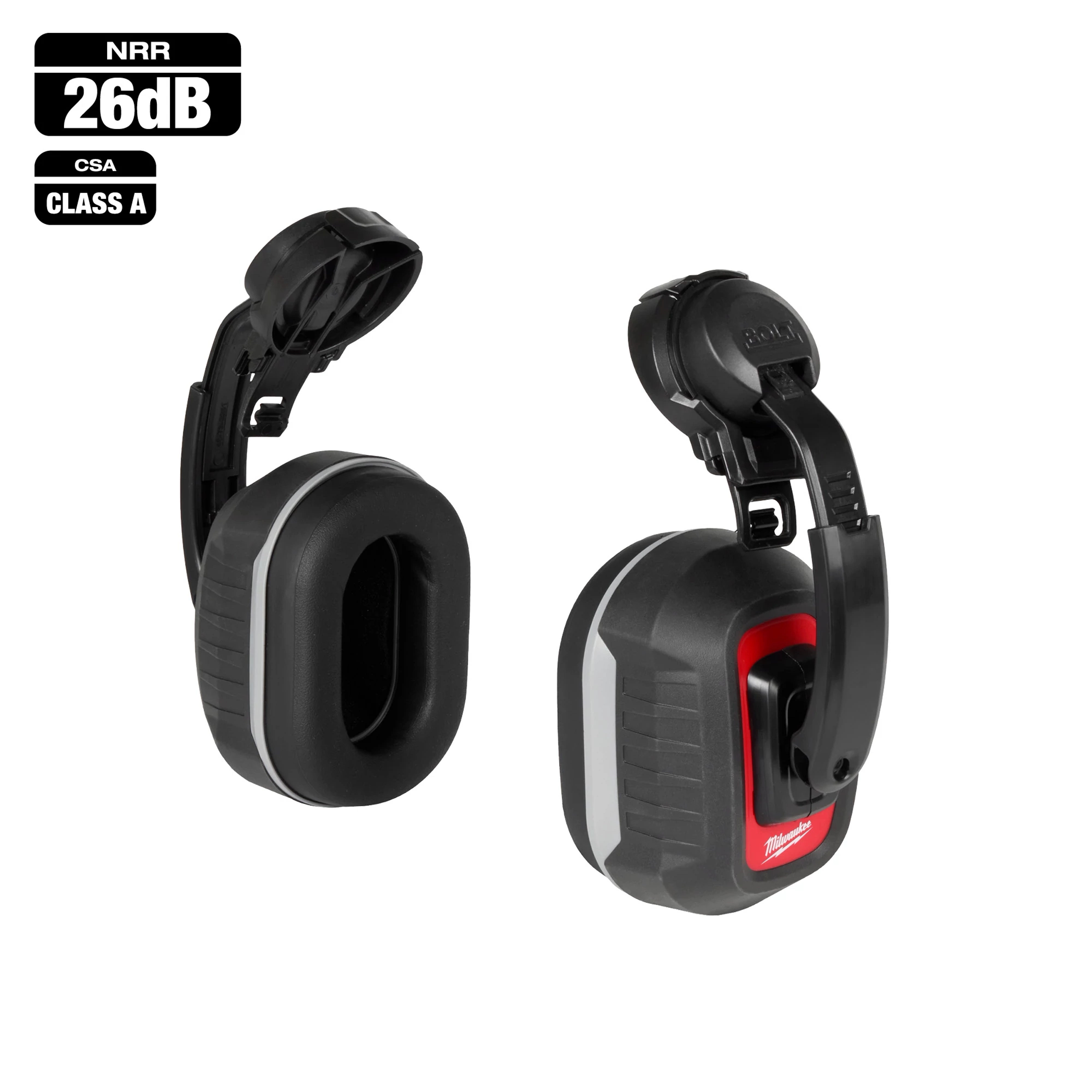 BOLT 26dB Earmuffs feature black cushioned ear cups with gray accents and adjustable headbands; designed for noise reduction and protection.