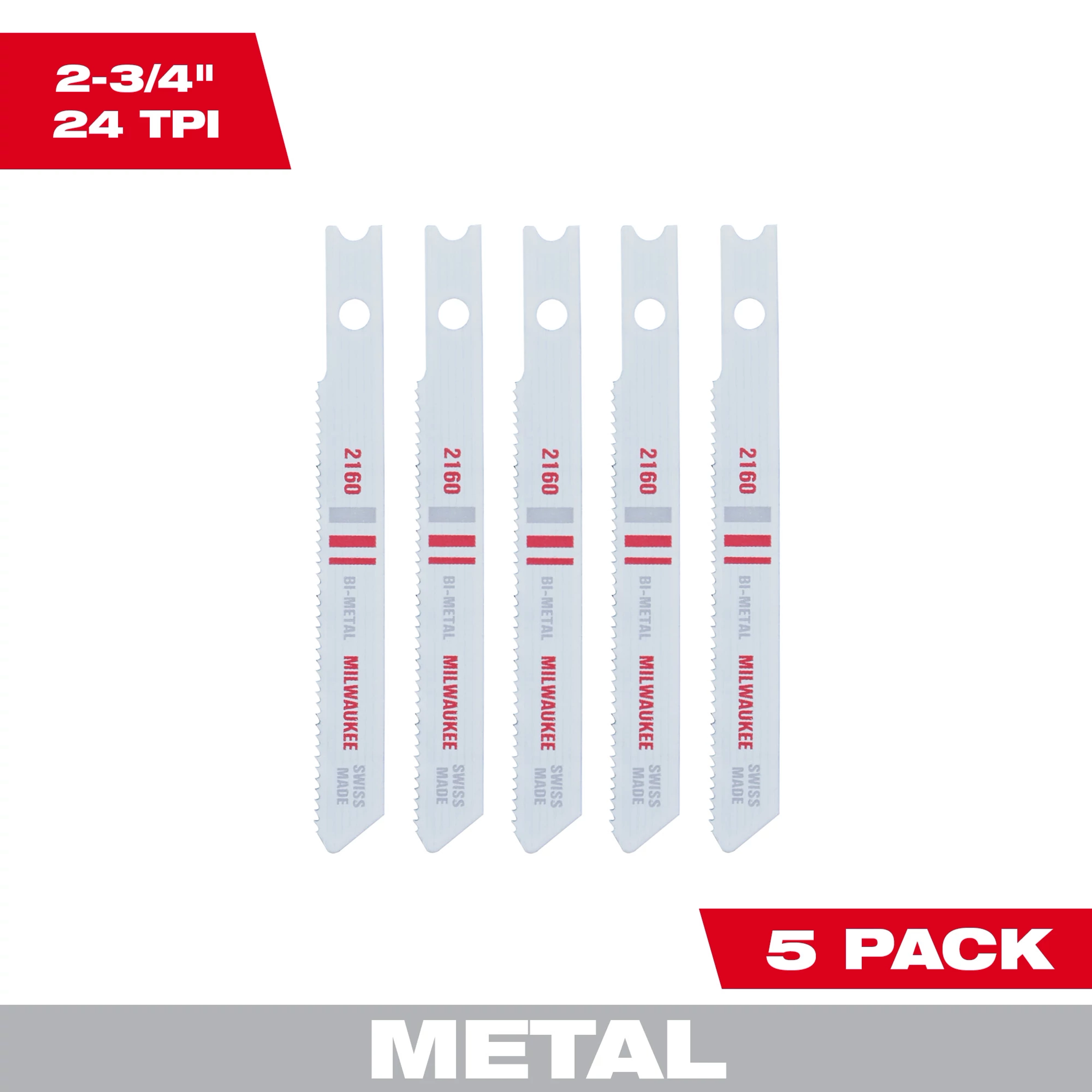 2-3/4" 24TPI U-Shank Metal Cutting Bi-Metal Jig Saw Blades 5PK displayed in a vertical row, labeled with brand and specifications.