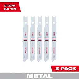 2-3/4" 24TPI U-Shank Metal Cutting Bi-Metal Jig Saw Blades 5PK displayed in a vertical row, labeled with brand and specifications.
