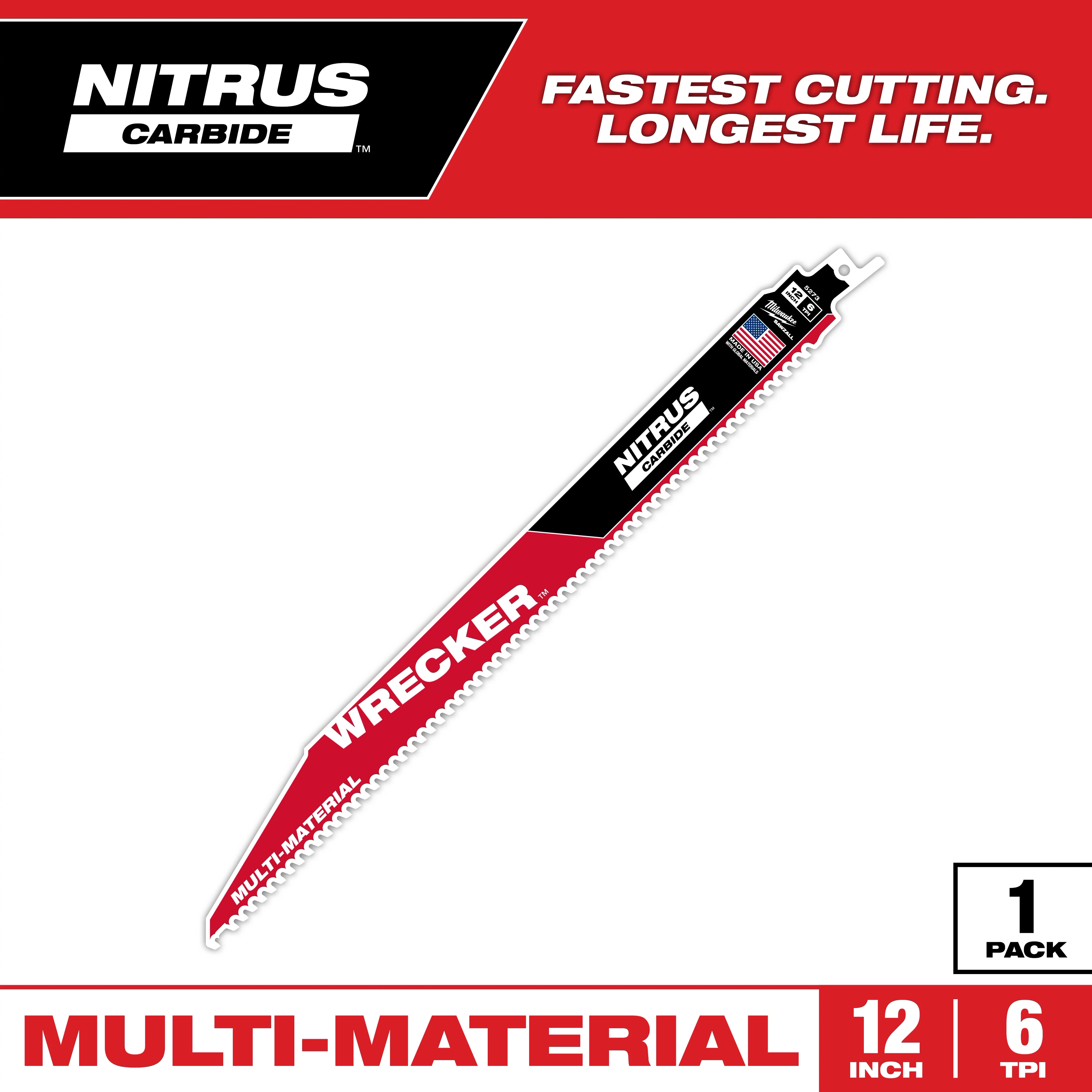 Nitrus Carbide product image featuring a 12-inch multi-material saw blade with large teeth. The blade is labeled "Wrecker" and includes branding and American flag icons. The packaging highlights "fastest cutting, longest life" and contains one blade per pack with 6 TPI (teeth per inch).
