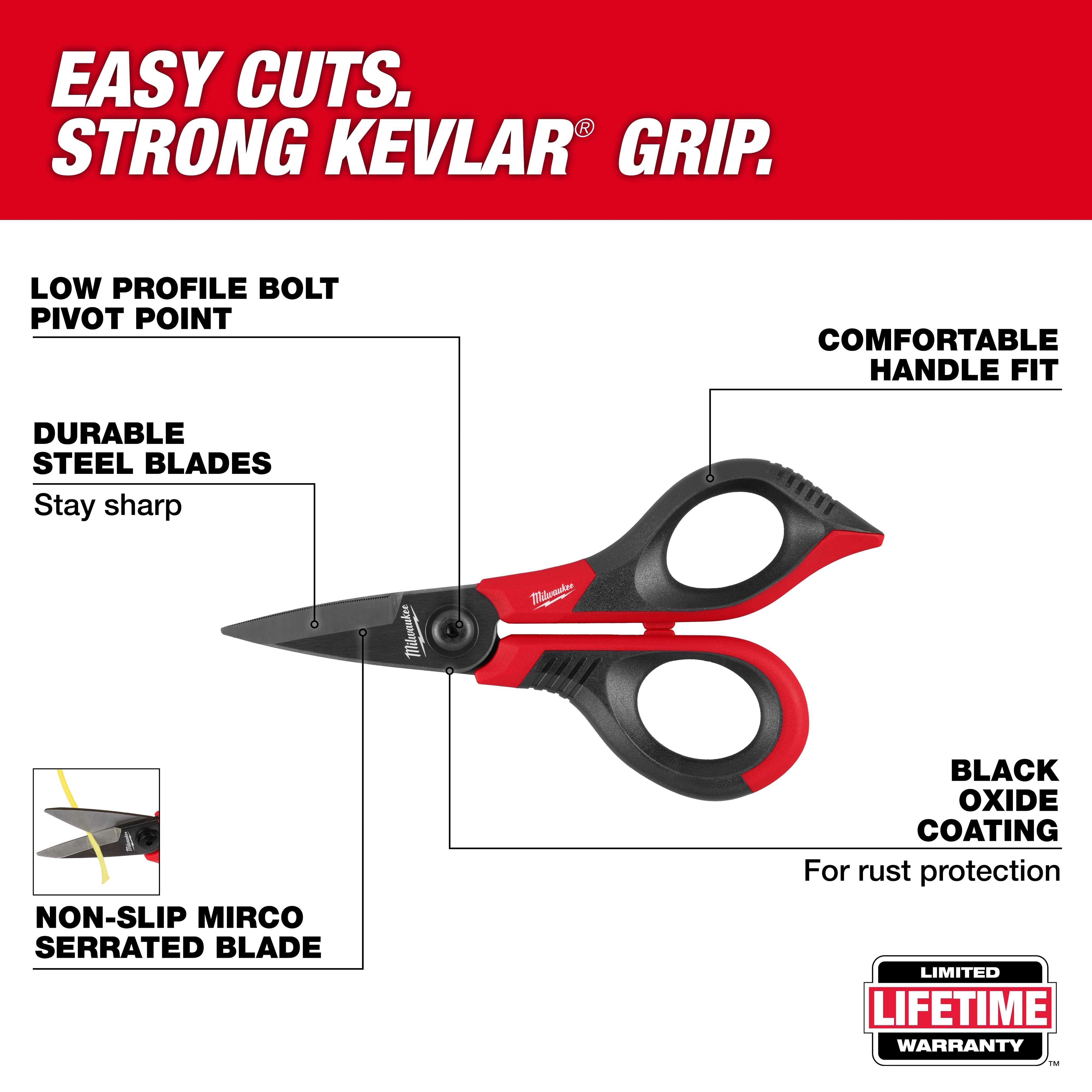 A pair of Kevlar® Shears is displayed with labeled features, including durable steel blades, a low-profile bolt pivot point, a comfortable handle fit, black oxide coating for rust protection, and a non-slip micro-serrated blade. The image highlights strong Kevlar® grip and lifetime warranty details.